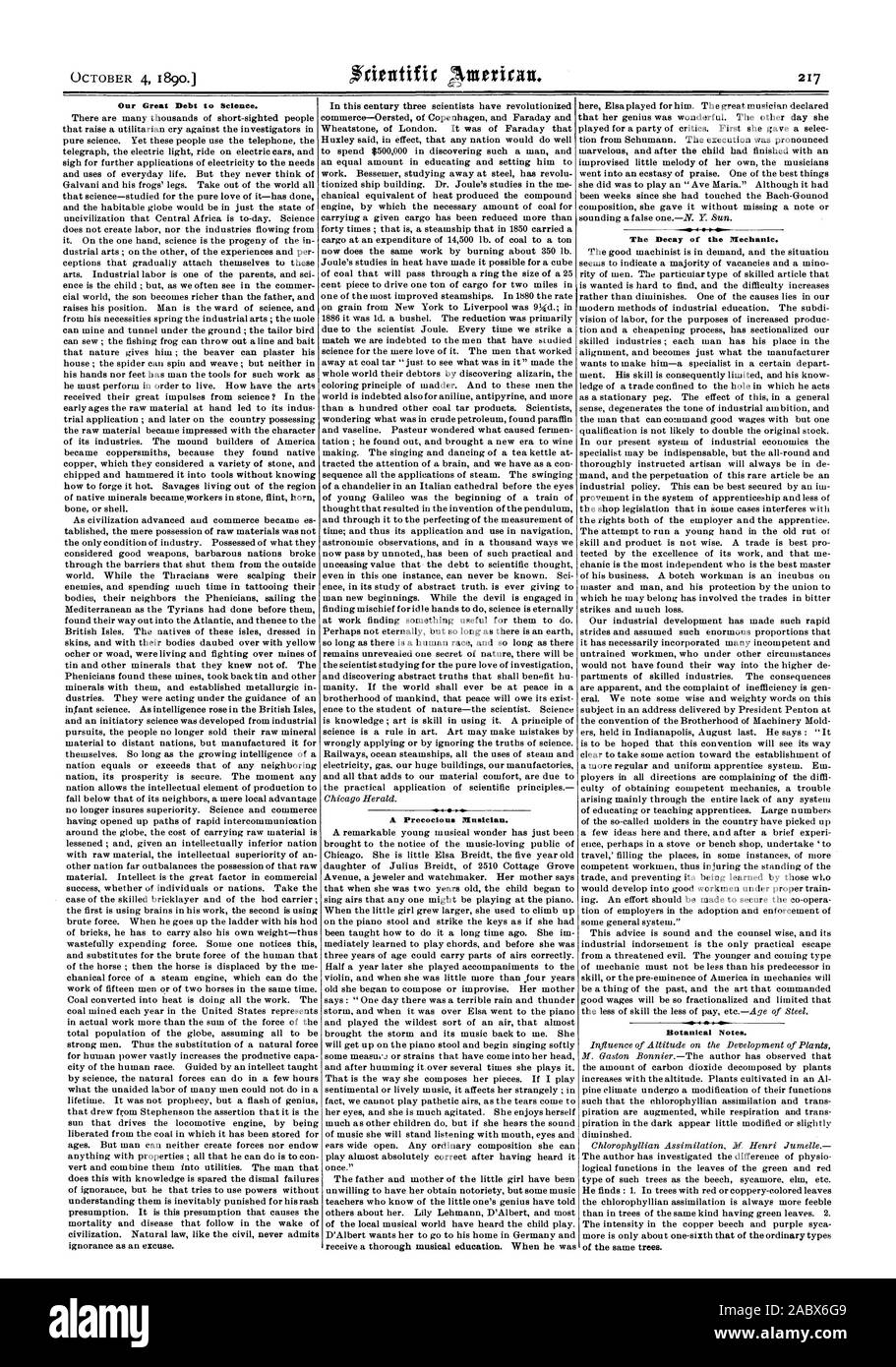 Am 4. Oktober 1890 Unsere große Schuld für die Wissenschaft. Ein frühreifes Musiker. Der Zerfall der Mechaniker. Botanische Notizen., Scientific American, 1890-10-04 Stockfoto