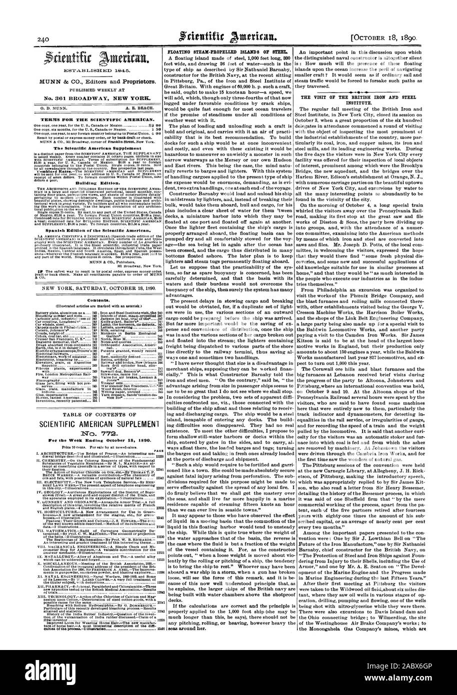 MUNN & Co. Herausgeber und Eigentümer. Bedingungen für den Scientific American. Der Scientific American Supplement Gebäude Edition. Spanische Ausgabe des Scientific American. Inhalt. SCIENTIFIC AMERICAN SUPPLEMENT No 772 für die Woche bis zum 18. Oktober 1890. culties.-1 Abbildung 1 = 7 DER BESUCH DES BRITISCHEN EISEN UND STAHL INSTITUT., 1890-10-18 Stockfoto