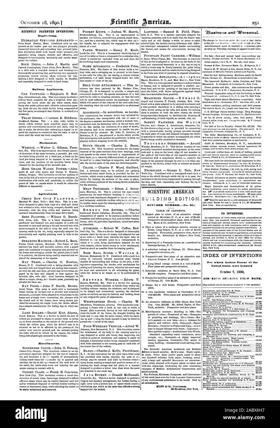 Vor kurzem patentierten Erfindungen. Engineering. Railway Appliances. Mechanisch. Landwirtschaftliche. Verschiedenes. SCIENTIFIC AMERICAN GEBÄUDE EDITION. Oktober ANZAHL (Nr. 60.) FÜR ERFINDER. INDEX DER ERFINDUNGEN, für die Buchstaben Patent in den Vereinigten Staaten gewährt wurden am 7. Oktober 1890 und jedes Lager, dass Datum., 1890-10-18 Stockfoto