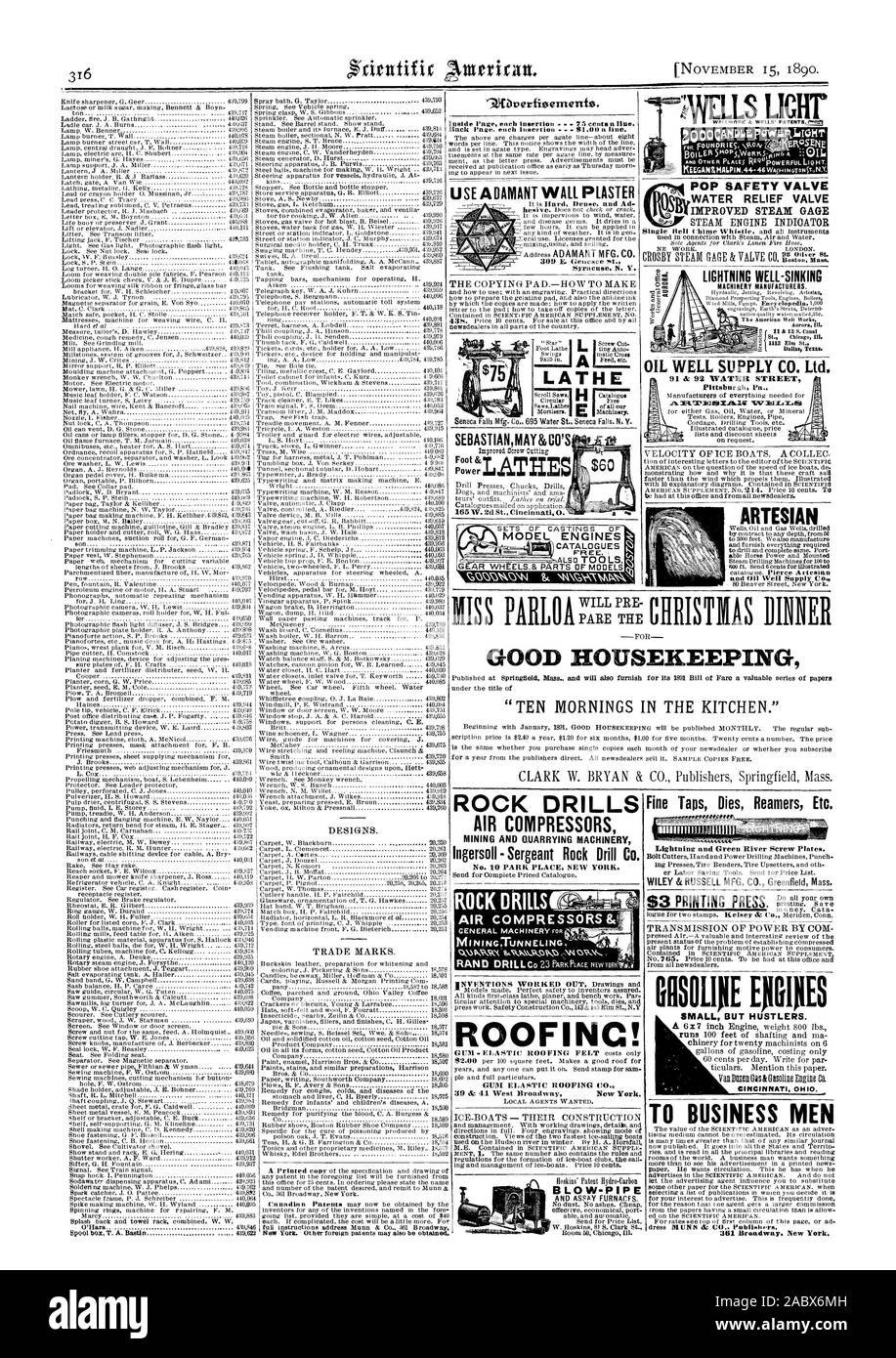 Drehbank SEBASTIANMAY&GO Fuß GESTEINSBOHRHÄMMER KOMPRESSOREN Bergbau und Gewinnung von Steinen und Erden Maschinenbau Ingersoll - Sergeant Rock Drill Co.OFINC! Schlag-PIPE Fine Taps stirbt Reibahlen etc. WILEY & RUSSELL MFG. Co.Greenfield Messe Cincinnati Ohio. Zu den BUSINESS MÄNNER 301 Broadway New York. Modell Motoren 0 0 KERZE' P GrWfirtia TOM T VERWENDEN SIE UNVERRÜCKBAR WANDPUTZ POP SICHERHEITSVENTIL VERBESSERTE DAMPF GAGE WASSER ÜBERDRUCKVENTIL BLITZ GUT SINKENDE ÖL GUT SUPPLY CO. LTD. ARTESISCHEN XISS 0 AMP.:: Christmas Dinner die gute allgemeine Ordnung und Sauberkeit' ZEHN MORGENS IN DER KÜCHE., Scientific American, 1890-11-15 Stockfoto