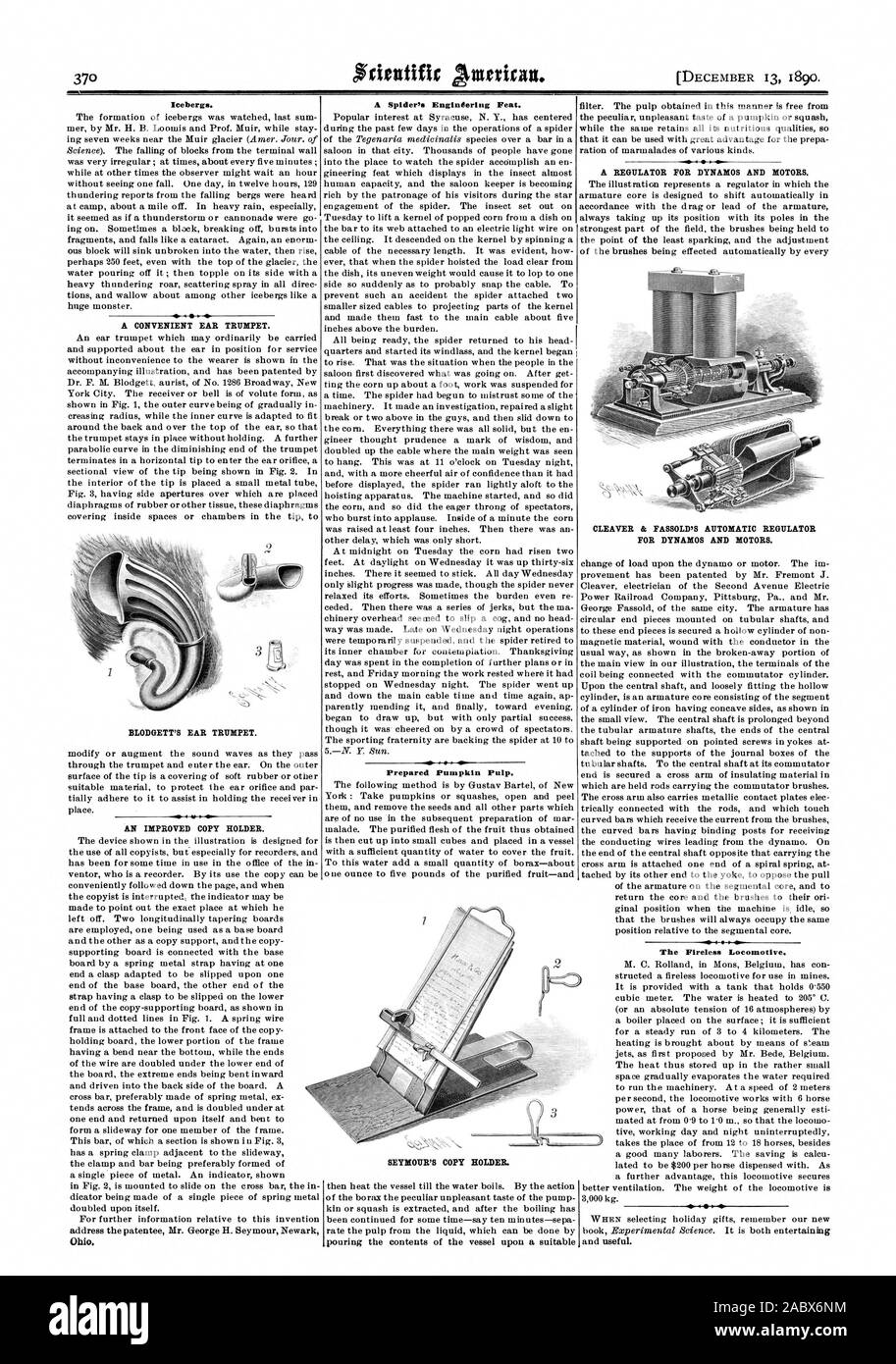 Eisberge. Eine bequeme Ohr Trompete. Die BLODGETT OHR Trompete. Eine verbesserte KOPIE. Ein Spinnennetz Ingenieursleistung. Vorbereitet Kürbis Brei. Ein Regler für DYNAMOS UND MOTOREN. Für DYNAMOS UND MOTOREN. Den Fireless Lokomotive. Seymours VORLAGENHALTER., Scientific American, 1890-12-13 Stockfoto