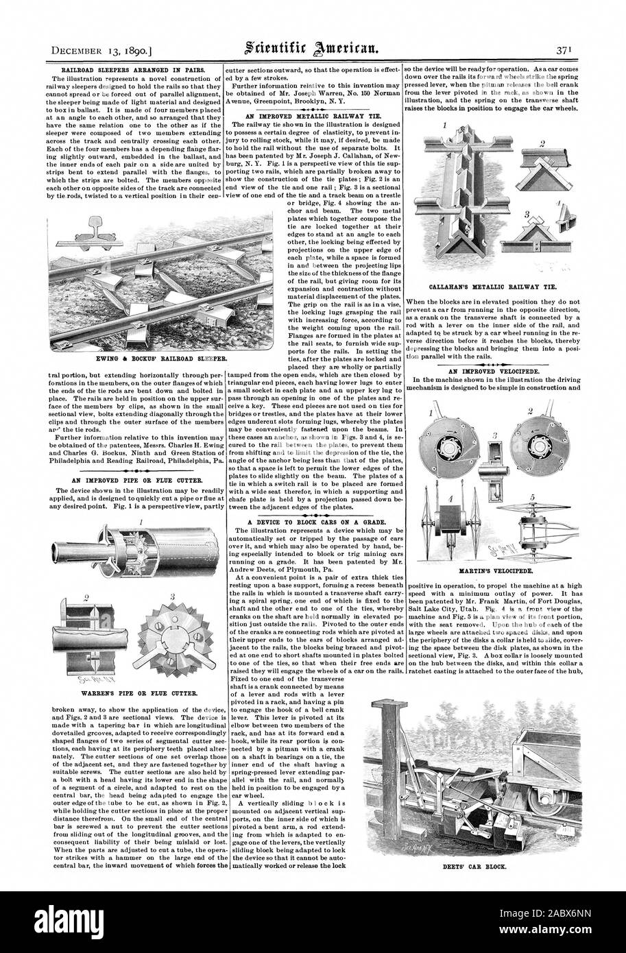 Eisenbahn querbalken paarweise angeordnet. Eine verbesserte Rohr oder Schacht Cutter. WARREN'S ROHR ODER SCHACHT CUTTER. Eine verbesserte metallische Bahn binden. Ein GERÄT ZU SPERREN AUTOS AUF EINEM GRAD. CALLAHAN'S METALLIC BAHN binden. Eine verbesserte VELOCIPEDE. MARTIN'S VELOCIPEDE. EWING & BOCKUS' RAILROAD SLEEPER. DEETS' Auto blockieren., Scientific American, 1890-12-13 Stockfoto