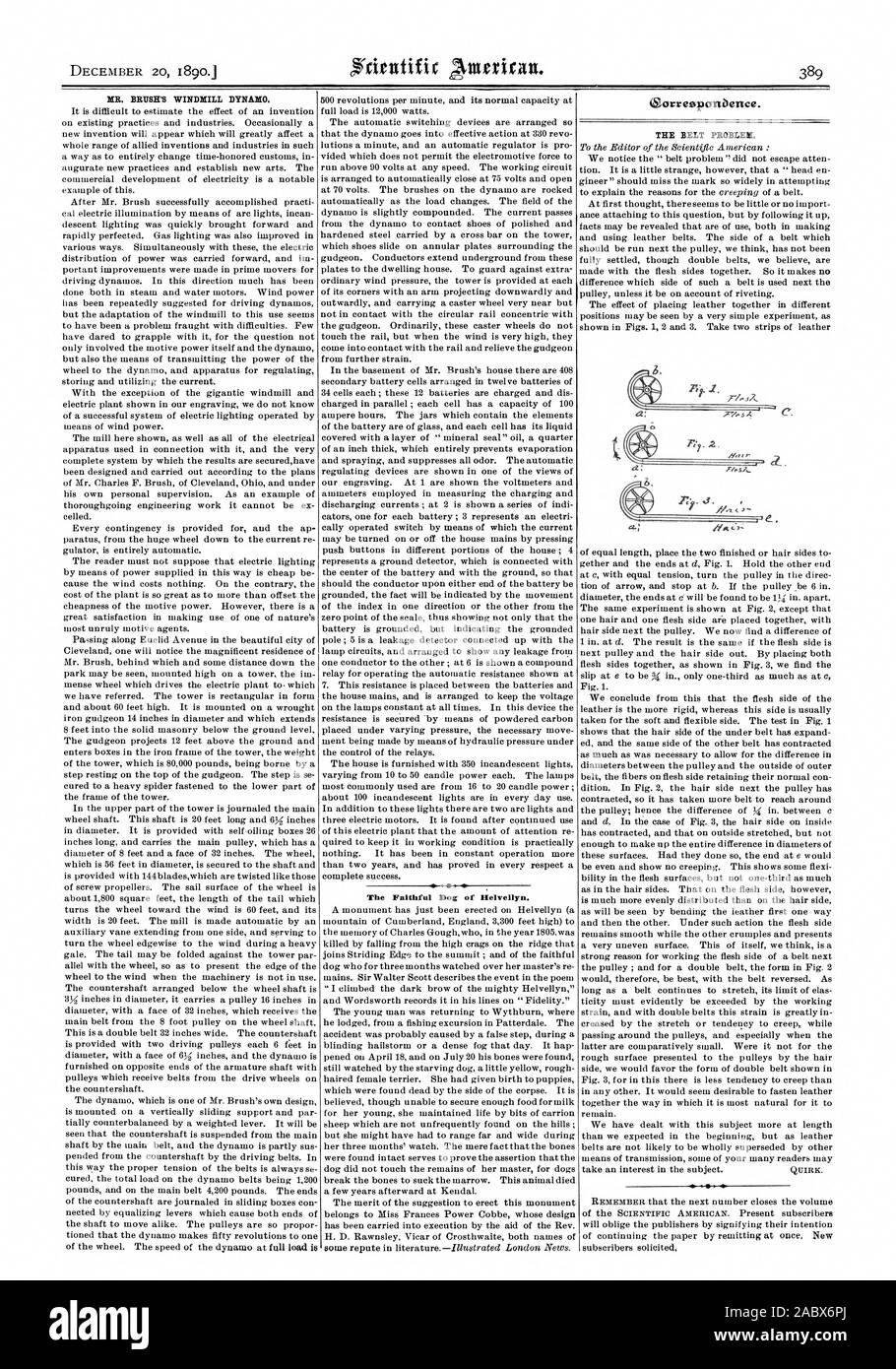 KR. Die PINSEL MÜHLE DYNAMO. Der treue Hund von Helvellyn. ogorresponbence.  Den Riemen PROBLEM. ey. ., Scientific American, 1890-12-20 Stockfotografie  - Alamy