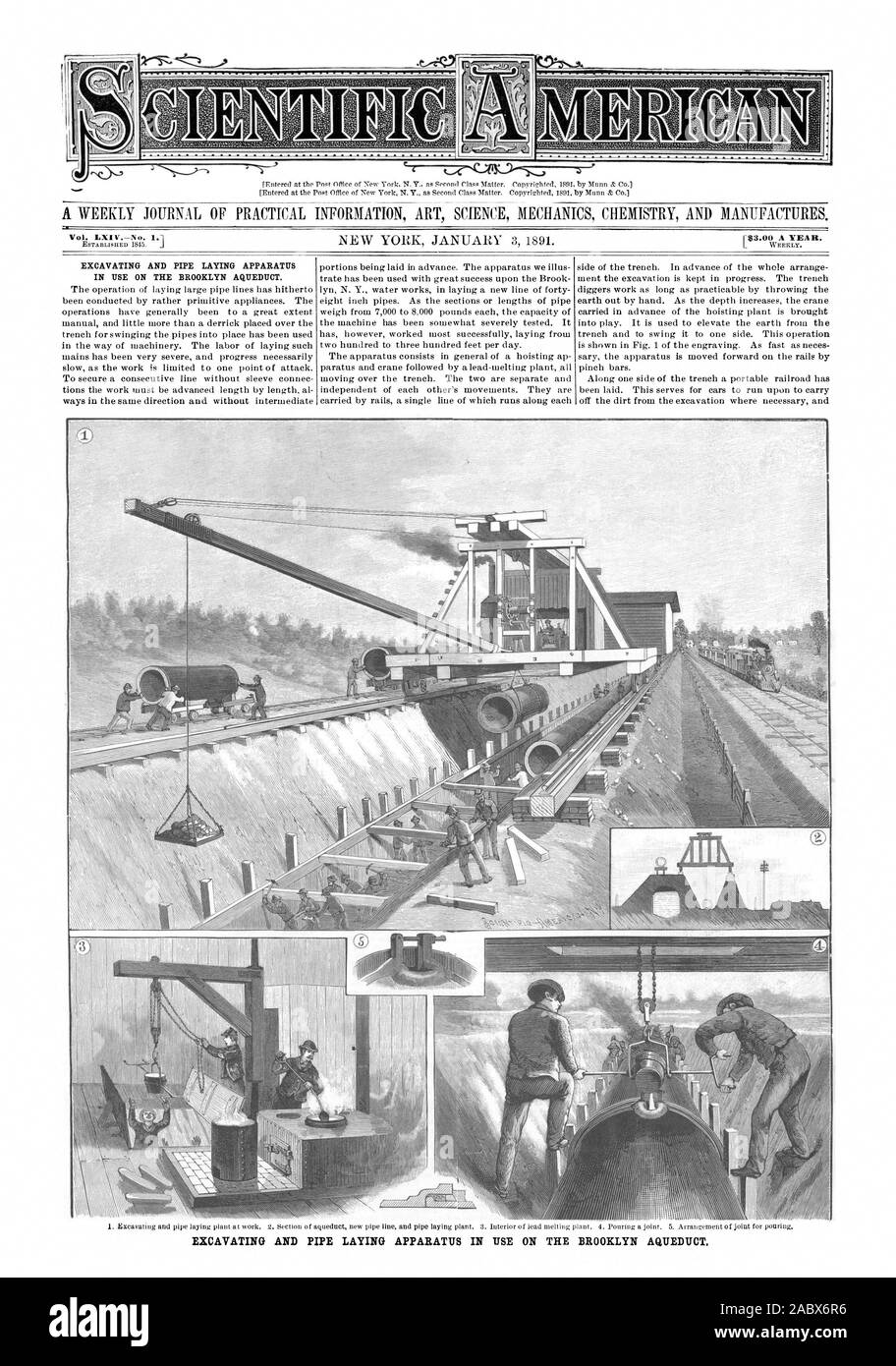 Bd. LXI VNo. 1.1 Aushub- und ROHRLEITUNGSBAU APPARATE, DIE IN DER VERWENDUNG AUF DER BROOKLYN Aquädukt. Aushub- und ROHRLEITUNGSBAU APPARATE, DIE IN DER VERWENDUNG AUF DER BROOKLYN AQUÄDUKT., Scientific American, 1891-01-03 Stockfoto