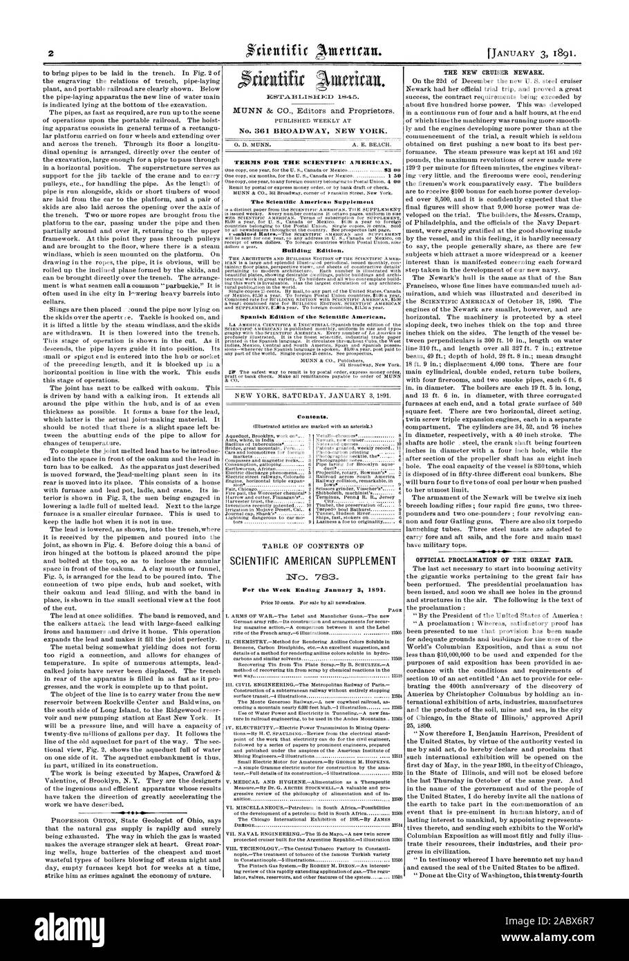 ESTA. 13 SI-41 1845. Veröffentlicht wöchentlich an Nr. 361 BROADWAY NEW YORK. 0. D. MUNN. A. E. STRAND. Bedingungen für den Scientific American. Der Scientific American Supplement Spanische Ausgabe des Scientific American. Inhalt SCIENTIFIC AMERICAN SUPPLEMENT DER NEUE CRUISER NEWARK. Offizielle VERKÜNDIGUNG DER GROSSEN MESSE., 1891-01-03 Stockfoto