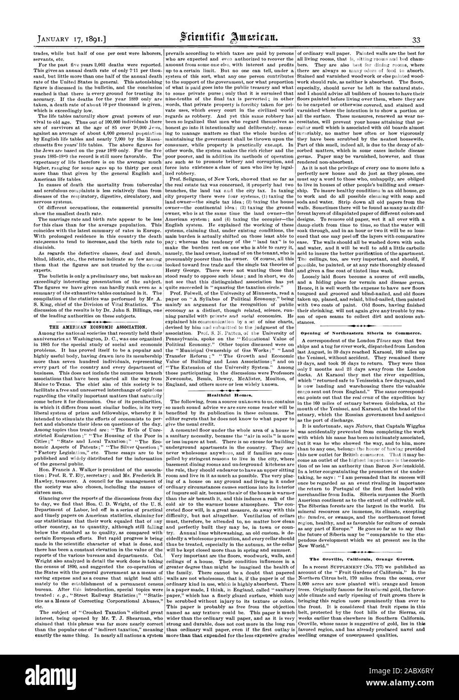Die American Economic Association. Gesunde Wohnungen. Eröffnung des nordöstlichen Sibirien zu Handel. Der Oroville California Orange Waldungen., Scientific American, 1891-01-17 Stockfoto