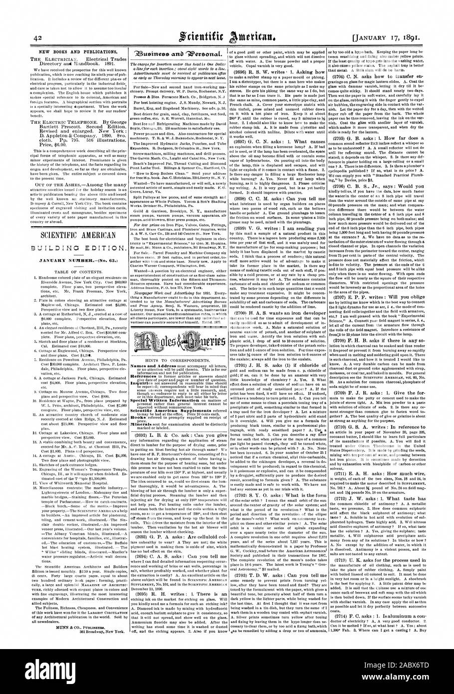 Neue BÜCHER UND PUBLIKATIONEN. SCIENTIFIC AMERICAN GEBÄUDE EDITION. Januar Zahl.-(Nr. 63.), 1891-01-11 Stockfoto