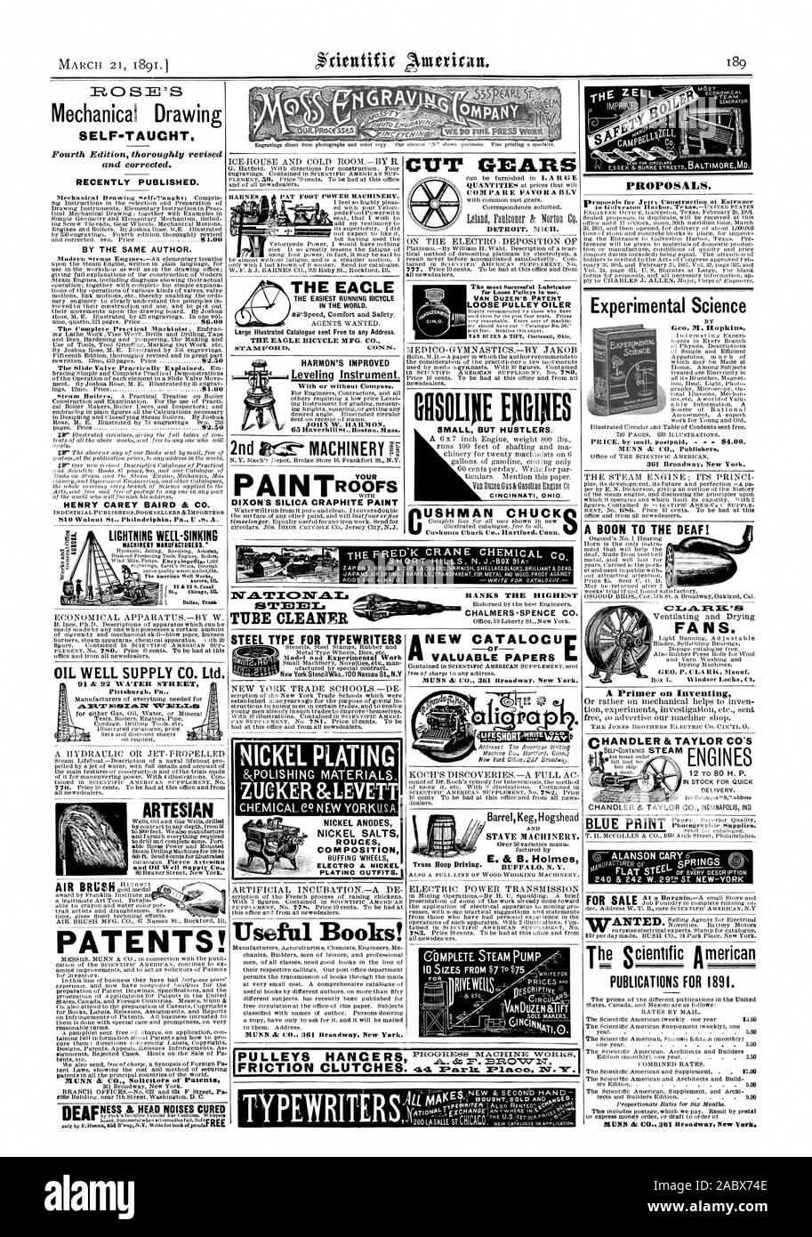 VAN DUZEN" Et PATENT LOSEN RIEMENSCHEIBE CLEANER ZÄHLT DIE HÖCHSTE CHALMERS - SPENCE CO EW CATALOCU E. & Holmes Truss Hoop fahren. BUFFAL N.Y. Fass Fass Hogshead DAUBE MASCHINEN. Preise. VANDOZEN & IIFT alleiniger Entscheidungsträger. TYPEWRIT R, Scientific American, 1891-03-21 Stockfoto