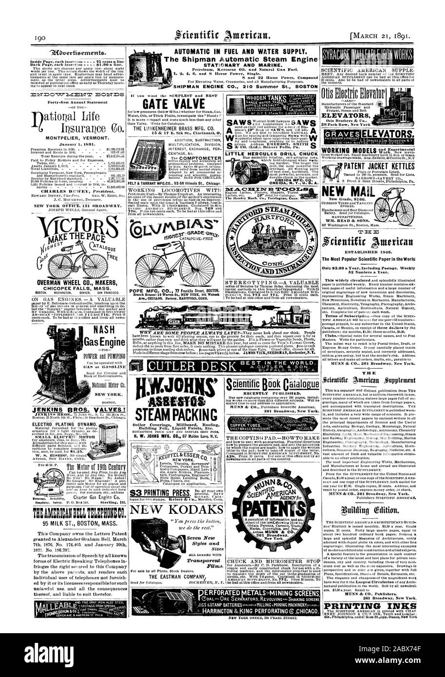 Automatische im Kraftstoff und Wasser versorgen. Die shipman Automatische Dampfmaschine stationäre und Marine. Petroleum, Kerosin Erdöl und Erdgas Kraftstoff. Horse Power Single. SHIPMAN ENCINE CO.210 Sommer St. BOSTON' ements 3.0Verti 9. Zurück Seite Einfügungen 81.00 eine Linie. 40 - erste jährliche Erklärung Montpelier, Vermont. 1. Januar 1891. OVERMAN WHEEL CO. ENTSCHEIDUNGSTRÄGER CHICOPEE FÄLLT. JENKINS BROS. Ventile! ELECTRO PLATING DYNAMO. Kleiner ELEKTROMOTOR AMERICANIZIL T: 1201: 00. 95 MILCH ST. BOSTON, Mass. ALLEAB SCHIEBER 15 & 17 E. 8 St. Cincinnati 0. Filz & TARRANT MFG. 00. 52-56 Illinois St Chicago. W0ASUSTOS Stockfoto