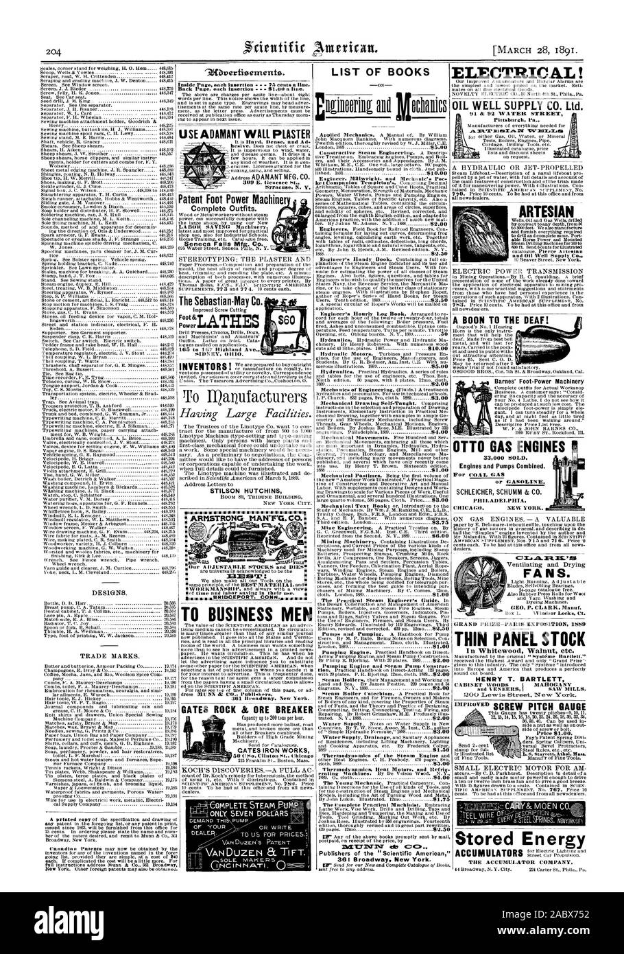 Inside Seite jedem Einfügen 74 Cents eine Linie. Verwenden Sie UNVERRÜCKBAR WANDPUTZ Patent Fuß Power Machiner komplette Outfits. STILSON HUTCHINS ARMSTRONG MANN" FG. Co BUSINESS MEN 301 Broadway. New York. GATES ROCK IT ERZ LEISTUNGSSCHALTER MPLETE DAMPF P -1,1 M nur sieben 91 EL'AR 5 iv. Die Sebastian-May Co. LISTE DER BÜCHER Beschreibungen O. Verleger der "Scientific American" 361 Broadway New York. Elektrische! Öl gut SUPPLY CO. LTD. 91 di:92 WATER STREET Pittsburgh PA. Eine hydraulische ODER JET - selbstfahrende ARTESISCHEN und Öl gut Supply Co. HAUPTPREIS - Paris Ausstellung 1559 THIN PANEL LIEFERBAR HENRY T. BARTLETT KABINETT WOODS I Stockfoto