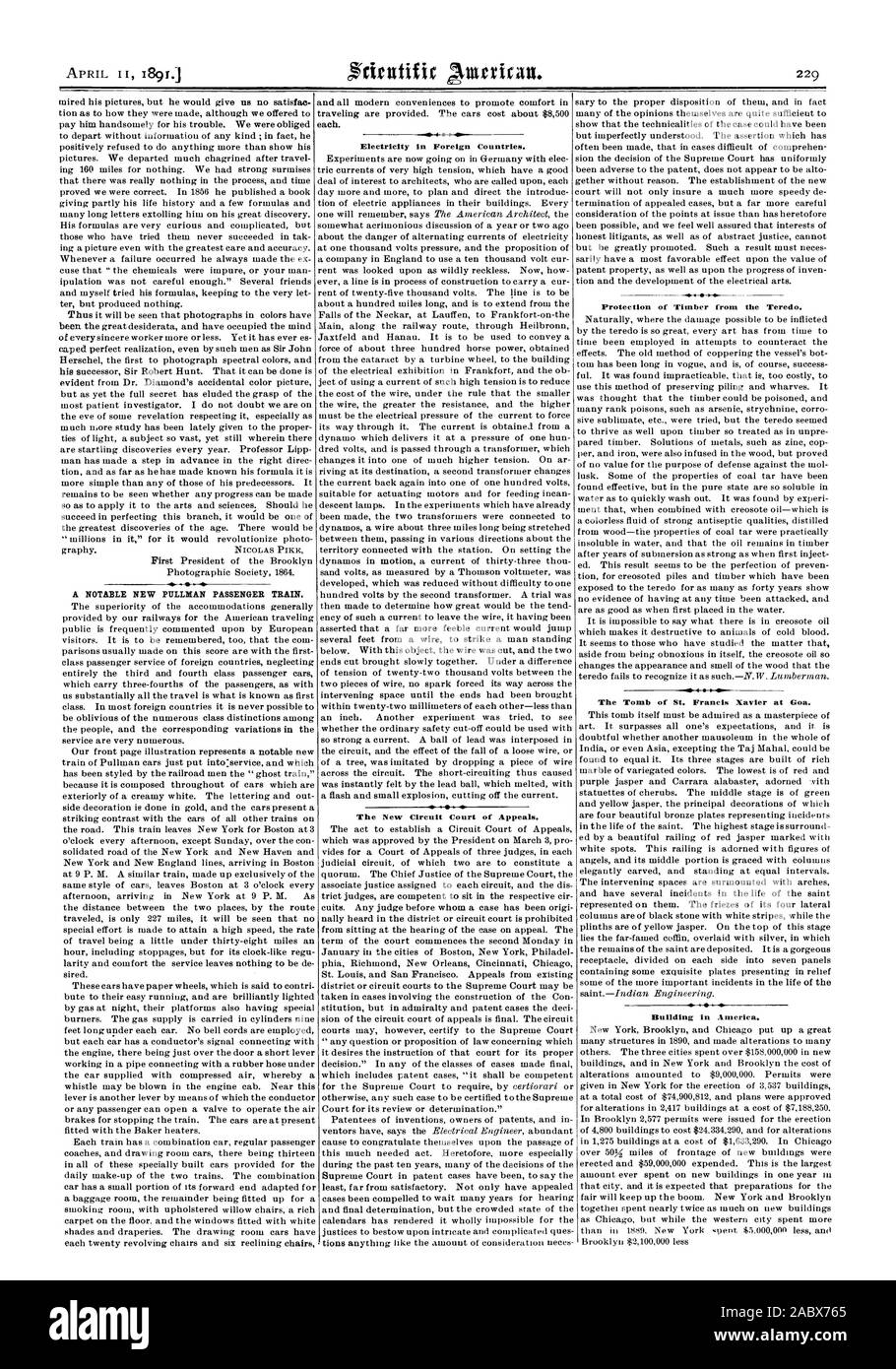 Eine bemerkenswerte neue PULLMAN PERSONENZUG. Strom im Ausland. Die Neue bundesberufungsgericht. Schutz von Holz aus dem Teredo. Das Grab des heiligen Franz Xaver in Goa. Gebäude in Amerika., Scientific American, 1891-04-11 Stockfoto