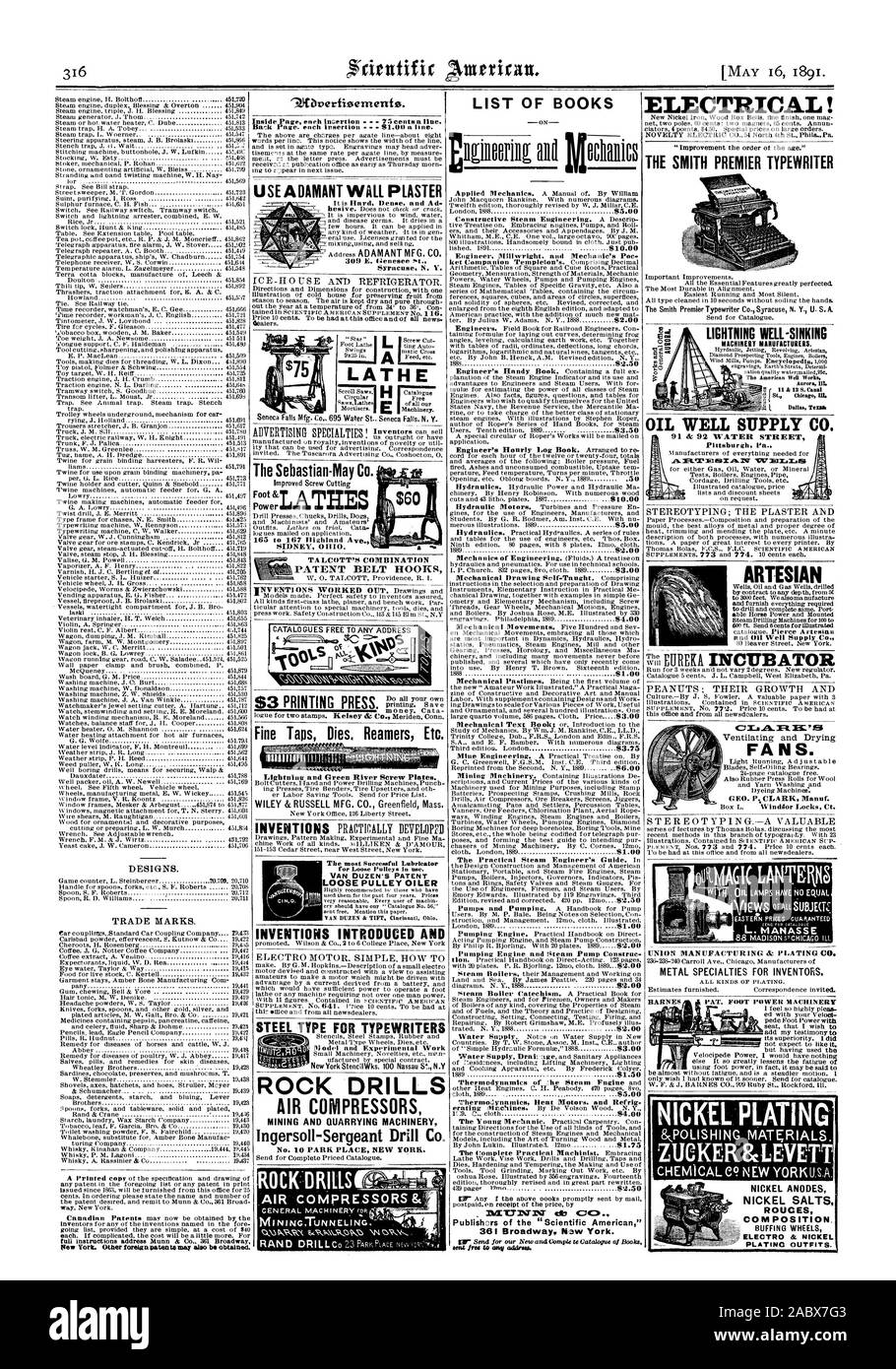 Liste der Bücher 10. Ingenieur Millwright. und Meehallic 8'. S. 00. Die praktischen Dampf Ingenieur Guide. In Pumpen Motor und Dampf Pumpe Bau 1 al: 71% 1' 1 V ell CICZN Verleger der "Scientific American" 361 Broadway jetzt York. Elektrische! Die SMITH PREMIER SCHREIBMASCHINE ÖL GUT SUPPLY CO. ALLGEMEINE MASCHINEN reppriF 777 Fine Taps stirbt. Reibahlen etc. Blitz- und Green River Schraube Platten. WILEY & RUSSELL MFG. Co.Greenfield Messe für Lose Riemenscheiben in Gebrauch. Lose RIEMENSCHEIBE ÖLER ERFINDUNGEN EINGEFÜHRT UND STAHL TYP FÜR odell Schreibmaschinen fli und experimentelle Arbeit 4 r1 V: z0.1V GESTEINSBOHRHÄMMER LUFTKOMPRESSOREN Stockfoto