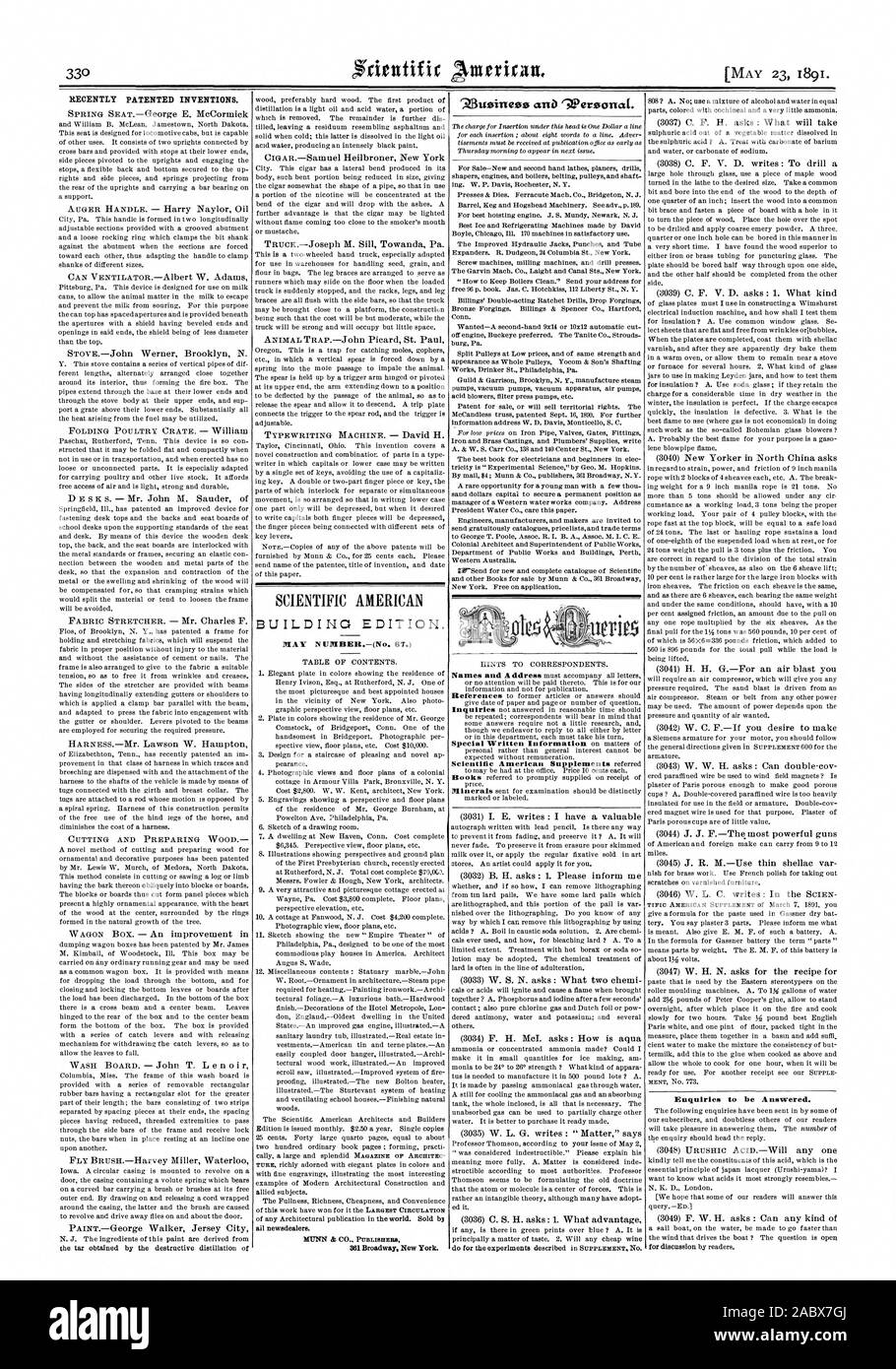 Vor kurzem patentierten Erfindungen. SCIENTIFIC AMERICAN GEBÄUDE EDITION. Mai NUMMER (Nr. 67.) alle newsdealers. e 3. istsinees anb" Persönlich. Anfragen zu beantworten., 1891-05-11 Stockfoto