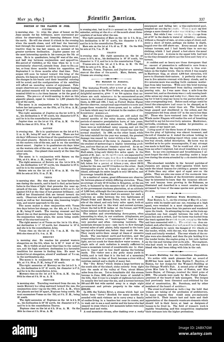 POSITION DER PLANETEN IM JUNI. Die Regenmenge in Jamaika. Eine einzigartige Bahn Entgleisung. Frauen bauen für die Columbian Exposition., Scientific American, 1891-05-30 Stockfoto