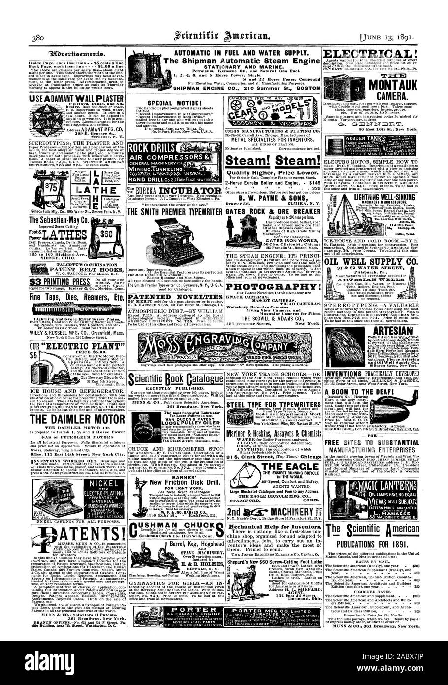 Automatische im Kraftstoff und Wasser versorgen. Die shipman Automatische Dampfmaschine stationäre und Marine. 1. 2 4 6 und S Horse Power Single. 8 und 22 Horse Power Compound SHIPMAN MOTOR CO.210 Sommer St. BOSTON 0 3 9 libperfisements. Stereotypisierung; der Putz ein D-drehmaschine Fine Taps stirbt Reibahlen etc. WILEY & RUSSELL MFG. Co.Greenfield Messe Preis 65.00. ICE HOUSE und Kühlschrank. ATENTS! Cille Gebäude. Hören die 7th Street Washington D.C BESONDERER HINWEIS! Vor kurzem veröffentlicht. 361 Broadway New York. Metall SPEZIALITÄTEN FÜR ERFINDER. Dampf! Dampf! Stahl TYP FÜR SCHREIBMASCHINEN DER ADLER die einfachste Ausführung FAHRRAD IN Stockfoto