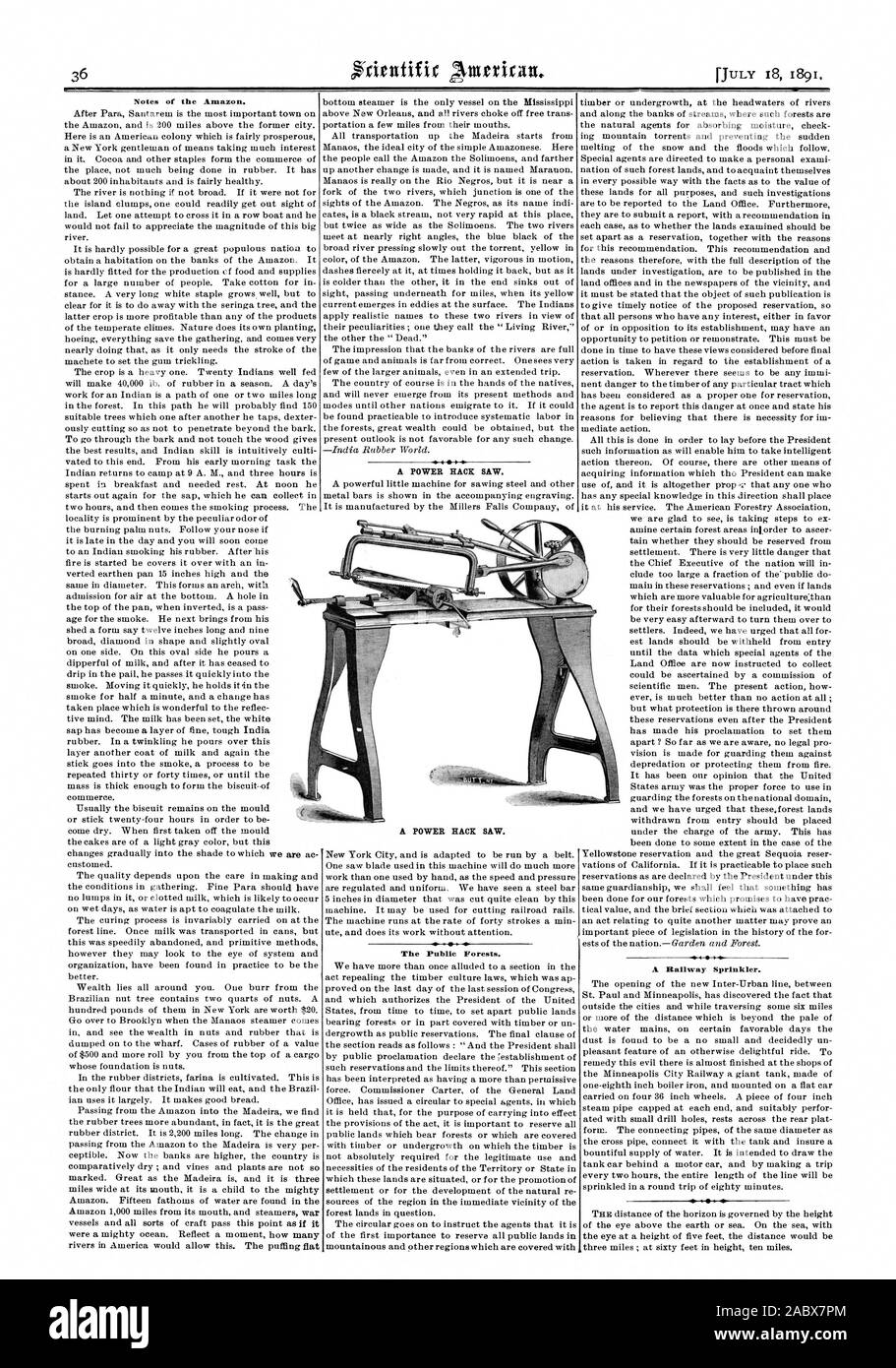 Hinweise des Amazonas. Ein POWER HACK gesehen. Die öffentlichen Wälder. Eine Sprinkleranlage. Ein POWER BÜGELSÄGE, Scientific American, 1891-07-18 Stockfoto