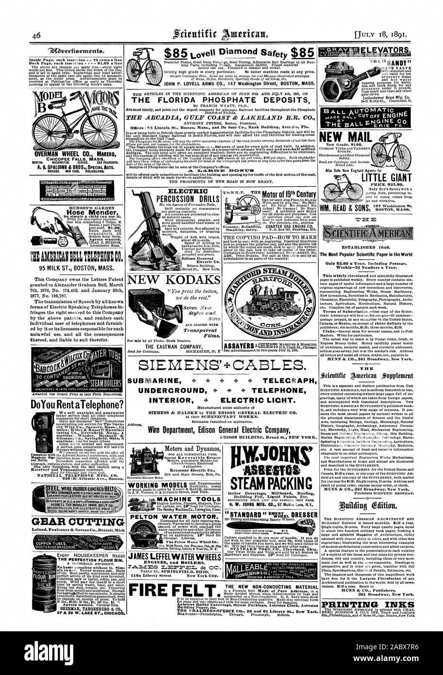 Aufzüge. Absperrventil, DAS DIE ARTIKEL IN DER SCIENTIFIC AMERICAN VON JUNI 27 und JIlLY 4 1891 AUF DER FLORIDA PHOSPHATLAGERSTÄTTEN DIE ARCADIA GOLF KÜSTE & LAKELAND R.R. Der Prospekt DER STRASSE IST JETZT bereit. TIMAMMUCA22101: CO. gewährt, Alexander Graham Bell 7.März 1876 Nr. 174465 und Nr. 186787 zum 30. Januar 1877. Die Übertragung von Sprache durch alle bekannten Formen der Elektrischen sprechende Telefone in Fransen das Recht auf diese Firma, die von den genannten Patenten abgesichert und macht jedes ed durch Sie selbst oder durch seine Lizenznehmer, der die Verantwortung für diese rechtswidrige Nutzung und alle Folgen davon und haftbar zu entsprechen Stockfoto