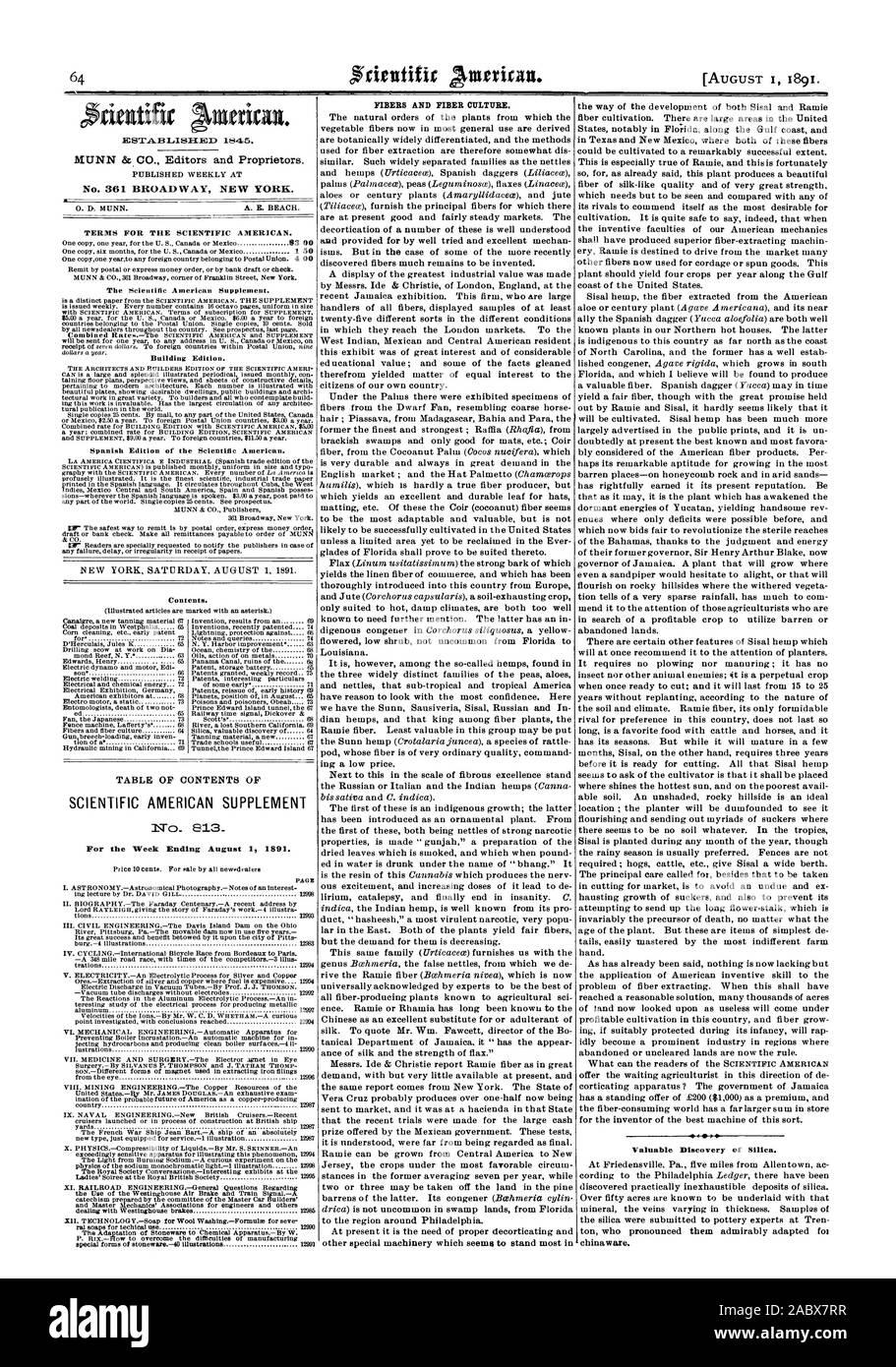 Bedingungen für den Scientific American. Gebäude Edition. Spanische Ausgabe des Scientific American. Inhalt. Inhaltsverzeichnis von Scientific American Supplement für die Woche endet am 1. August 1891. Fasern und Ballaststoffe Kultur. Wertvolle Entdeckung der Kieselsäure., 1891-08-01 Stockfoto