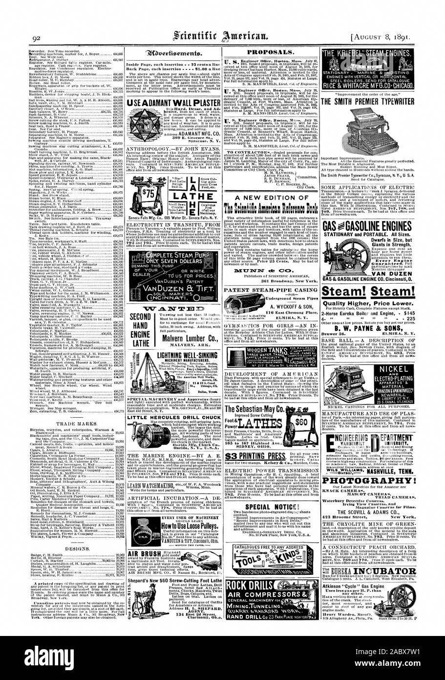 Verwenden Sie UNVERRÜCKBAR WAND PUTZ Shepard Neue $ 60 Screw-Cutting Fuß Drehmaschine AGENT 134 Ost 2d Street Cincinnati Oh. o. Vorschläge. Eine neue Ausgabe von Dampf! Dampf! Qualität Höhere Preis niedriger. 2 - Pferd Eureka Kessel und Motor $ 145 B. W. PAYNE 41 SÖHNE VANDERBILT FOTOGRAFIE! Maskottchen KAMERAS TRIADE KAMERAS Magazin Kameras für Filme. Die SCOVILL & ADAMS CO 423 Broome Street New York. Atkinson"-Zyklus' Gas Motor verbraucht weniger Gas pro II. S. als Amy. Drehbank PLETTE STEANI Pt PUMPE ODER SCHREIBEN. Sohle. MAK'E R 17-32 NACHFRAGE THI VON IHREM HÄNDLER. Es ist hart, dicht und Ad309E.Genesee St. Syracuse N.Y. BLITZ GUT Stockfoto
