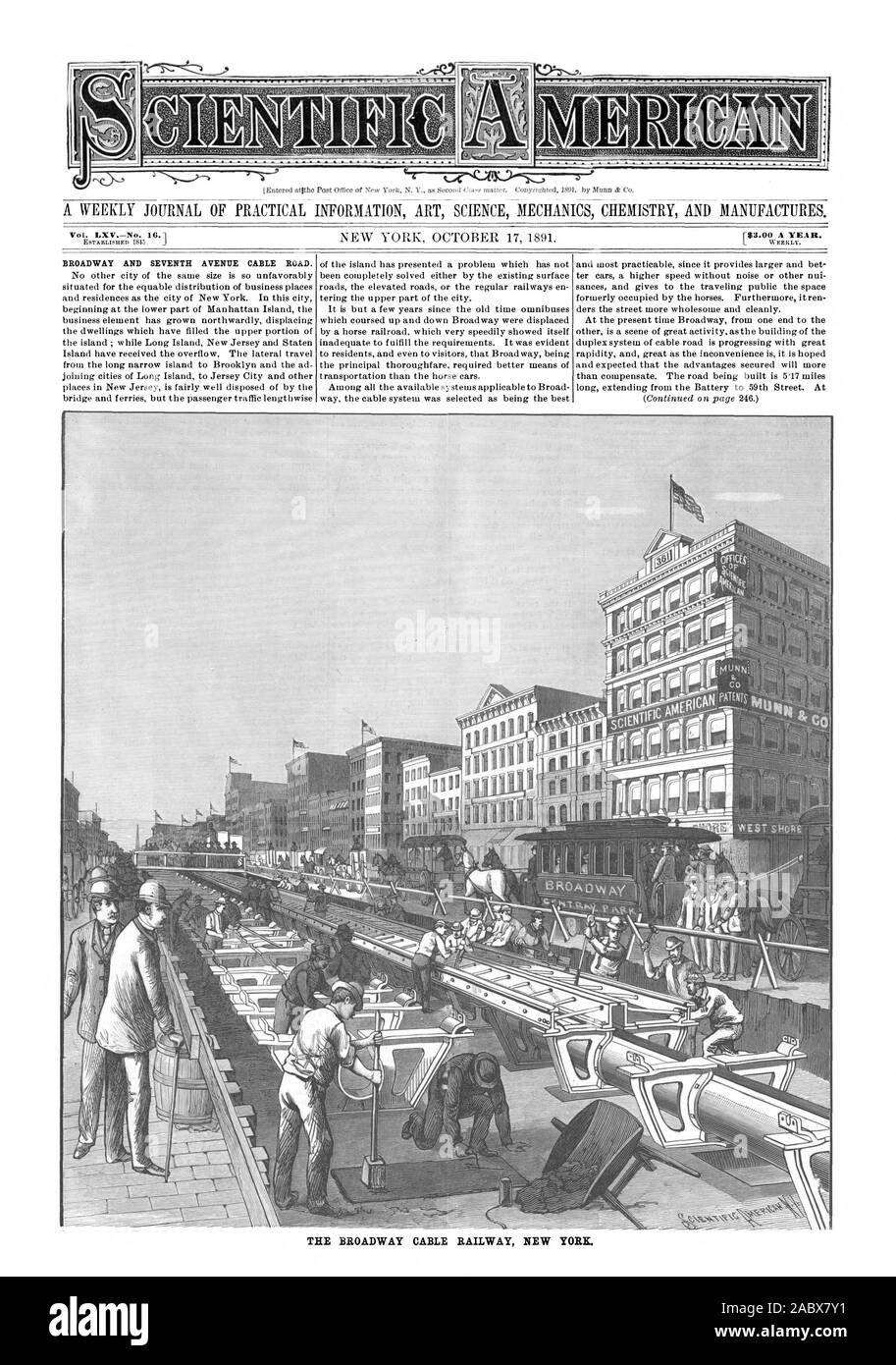 Eine wöchentliche Zeitschrift für PRAKTISCHE INFORMATIONEN KUNST WISSENSCHAFT MECHANIK CHEMIE UND PRODUZIERT. Vol.LXVNo. 16.1 wöchentlich. BROADWAY und Seventh Avenue KABEL-Straße. Die Seilbahn am Broadway in New York., Scientific American, 1891-10-17 Stockfoto