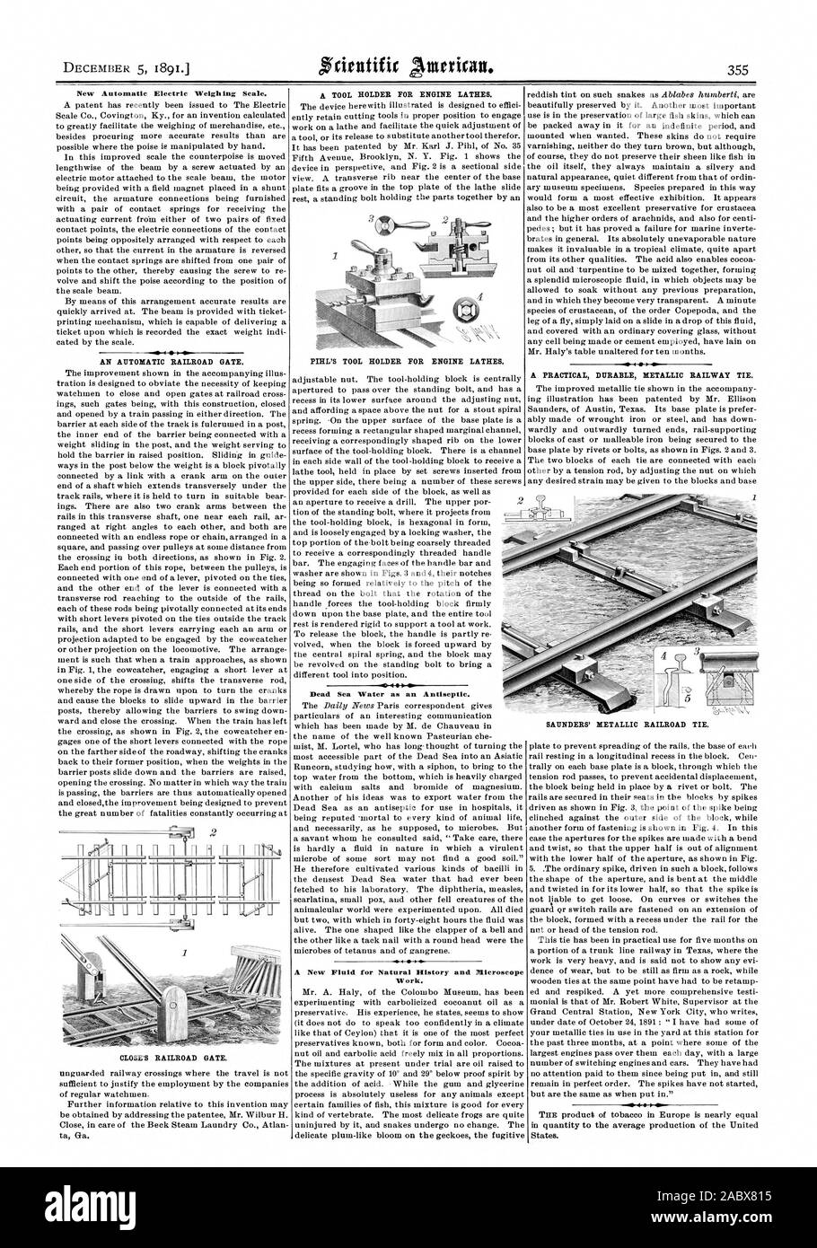 Neue automatische elektrische Waage. Eine automatische RAILROAD GATE. In der Nähe RAILROAD GATE. Der PM WERKZEUGHALTER FÜR DREHMASCHINEN. Wasser aus dem Toten Meer als Antiseptikum. Eine neue Flüssigkeit für Naturgeschichte und 'Microscope Arbeiten. - NW4 ICH EINE PRAKTISCHE LANGLEBIG METALLISCHE BAHN binden. SAUNDERS' METALLIC RAILROAD TIE., Scientific American, 1891-12-05 Stockfoto