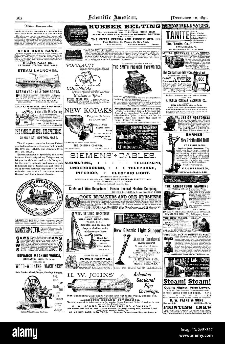 OLE-MA 1 KERS DAS NEUE MODELL "Halle." Warum zahlen teure Preise für Ventile MIT ÖL LAMPEN HABEN NICHT GLEICH STREIFEN UND MOHAWK Marken der GUMMIRIEMEN DIE GUTTAPERCHA UND GUMMI MFG. Co.SIEMENS + KABEL. U-BOOT+TELECRAPH UNDERCROUND + TELEFON INNEN+ elektrische Licht. Kabel und Draht Abteilung Edison General Electric Company ROCK BREAKERS UND ERZ BRECHER Asbest schnitt die Beläge. . A. SM = STOS 33027. = MeC077 = 1 R. 21 TG-S. Alleiniger Hersteller von H. W. Johns "Asbest Millboard Ummantelungen. Gebäude Filze Fire-Proof malt Die TANITE Tanite Co., Scientific American, 1891-12-12 Stockfoto