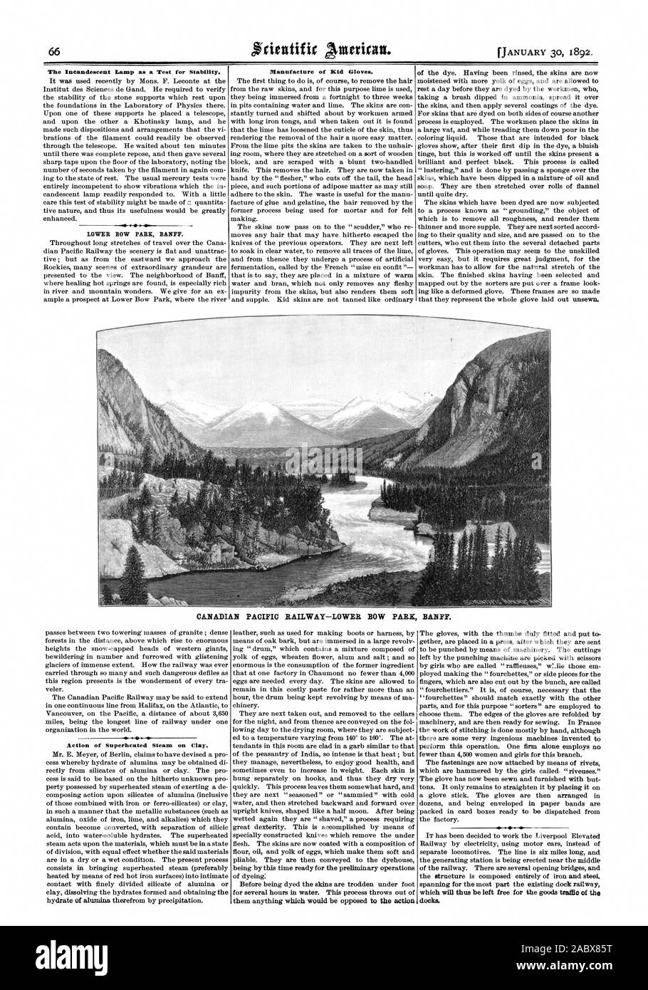 Die Glühlampe als Test für die Stabilität. Unteren BOGEN PARR BANFF. Herstellung von Samthandschuhen. CANADIAN PACIFIC RAILWAY - UNTERE BUG PARK BANFF. Aktion von überhitztem Dampf auf Lehm., Scientific American, 1892-01-30 Stockfoto Die Glühlampe als Test für die Stabilität. Unteren BOGEN PARR BANFF. Herstellung von Samthandschuhen. CANADIAN PACIFIC RAILWAY - UNTERE BUG PARK BANFF. Aktion von überhitztem Dampf auf Lehm., Scientific American, 1892-01-30 Stockfoto