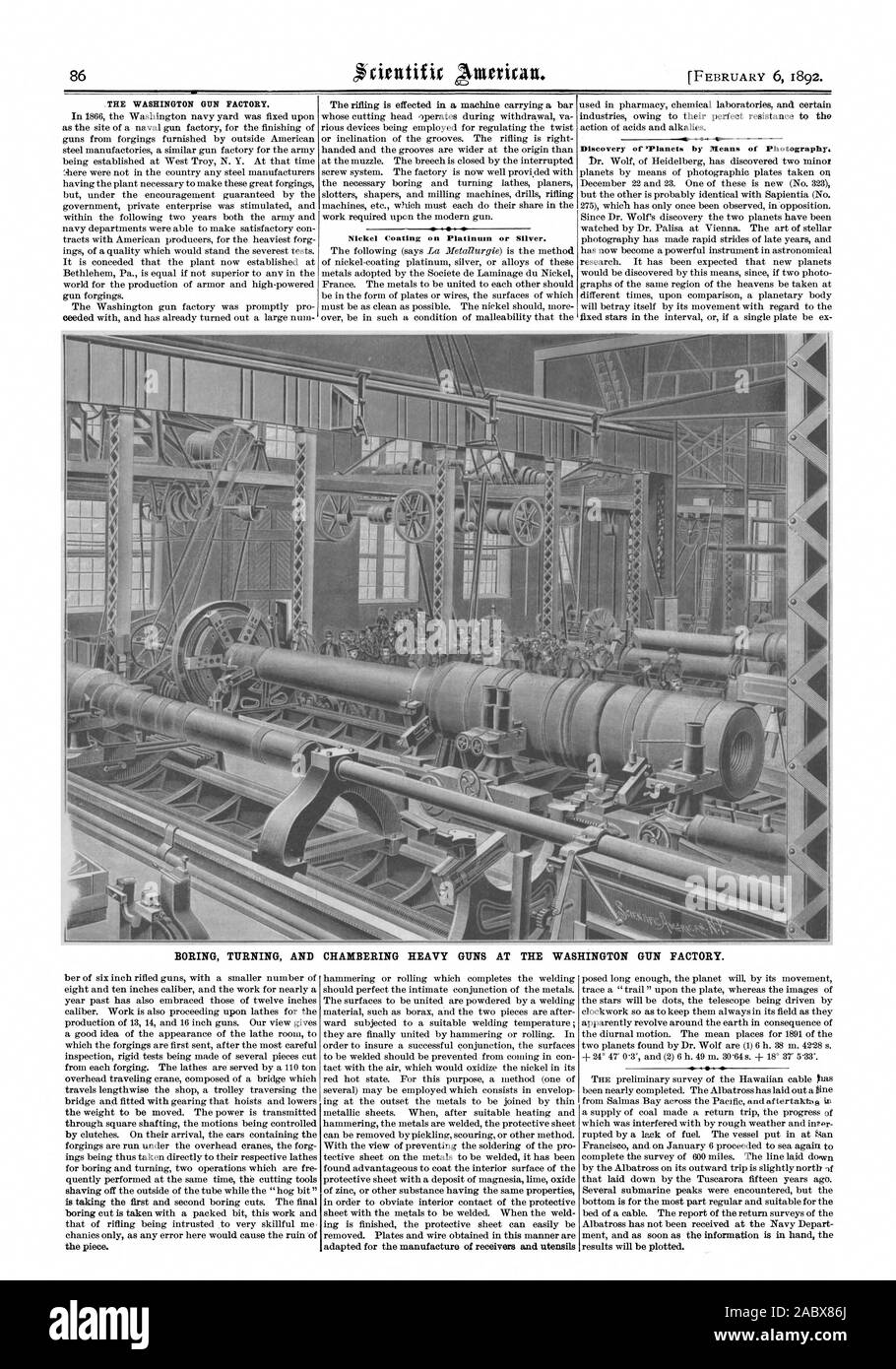 Die WASHINGTON GUN FACTORY. Entdeckung oder" Planeten mittels Fotografie BOHREN DREHEN UND KAMMERN schwere Geschütze AN DER WASHINGTON GUN FACTORY. Die Ergebnisse werden graphisch dargestellt werden., Scientific American, 1892-02-06 Stockfoto