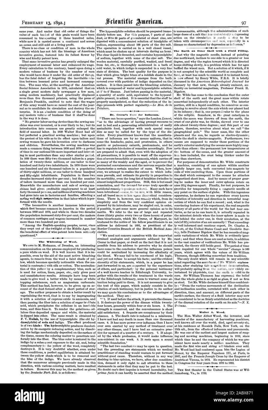 Die Aufhellung der Wolle. Dr. Crerar Heilung für IniluenZa. Die Erde eine äußere Hülle mit einer Ölfüllung. Walter A. Holz., Scientific American, 1892-02-13 Stockfoto