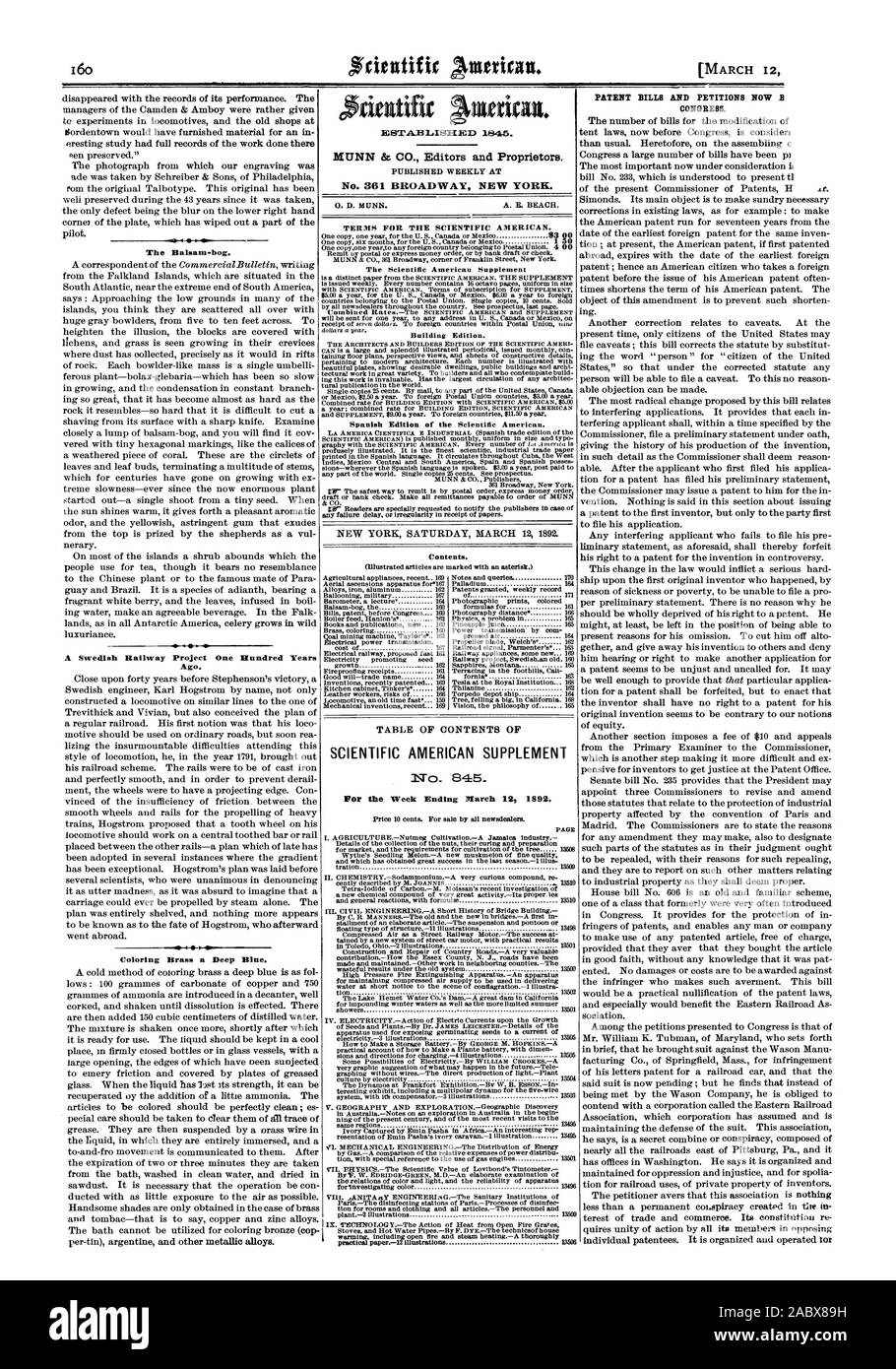 16. März 12 Der Balsam-Moor. Eine schwedische Eisenbahn Projekt vor Hundert Jahren. Färbung Messing ein Piepton Blau. Nr. 361 BROADWAY NEW YORK. PATENT RECHNUNGEN UND PETITIONEN JETZT B-Kongress. SCIENTIFIC AMERICAN SUPPLEMENT, 92-03-12 Stockfoto