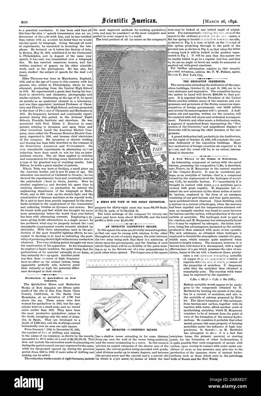Eine verbesserte CARPENTER'S SQUARE. Produktion von Quicksilver am New Almaden. Die Widmung Zeremonien. Eine neue Theorie über die Entstehung von Erdöl. Eine verbesserte CARPENTER'S SQUARE., Scientific American, 1892-03-26 Stockfoto