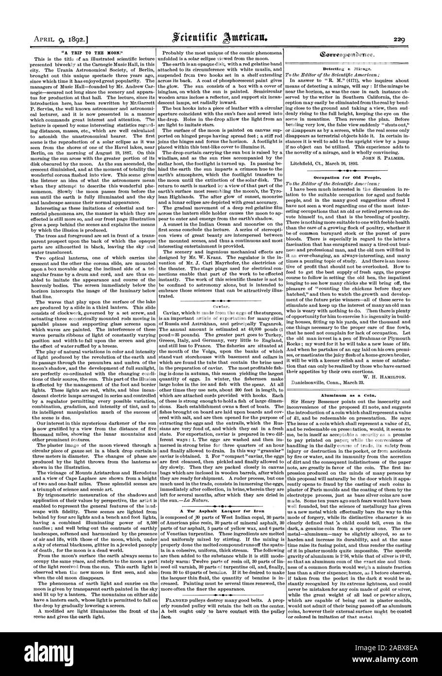 Eine Reise zum Mond." Kaviar. a. Ein teerhaltigem Asphalt Lack für Eisen Gliorresponbence. Erkennen einer Fata Morgana. Besetzung für alte Leute. Aluminium als eine Münze., Scientific American, 1892-04-09 Stockfoto