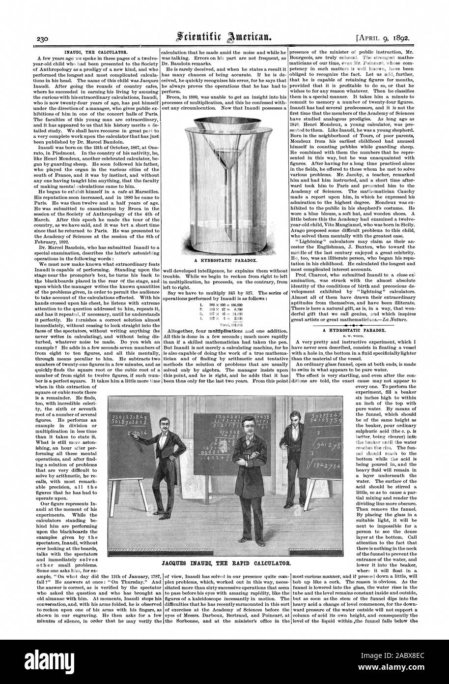 INAUDI DER RECHNER. Ein Hydrostatisches Paradoxon. Ein Hydrostatisches Paradoxon. R. W. HOLZ. JACQUES MAMA DIE SCHNELLE RECHNER., Scientific American, 1892-04-09 Stockfoto
