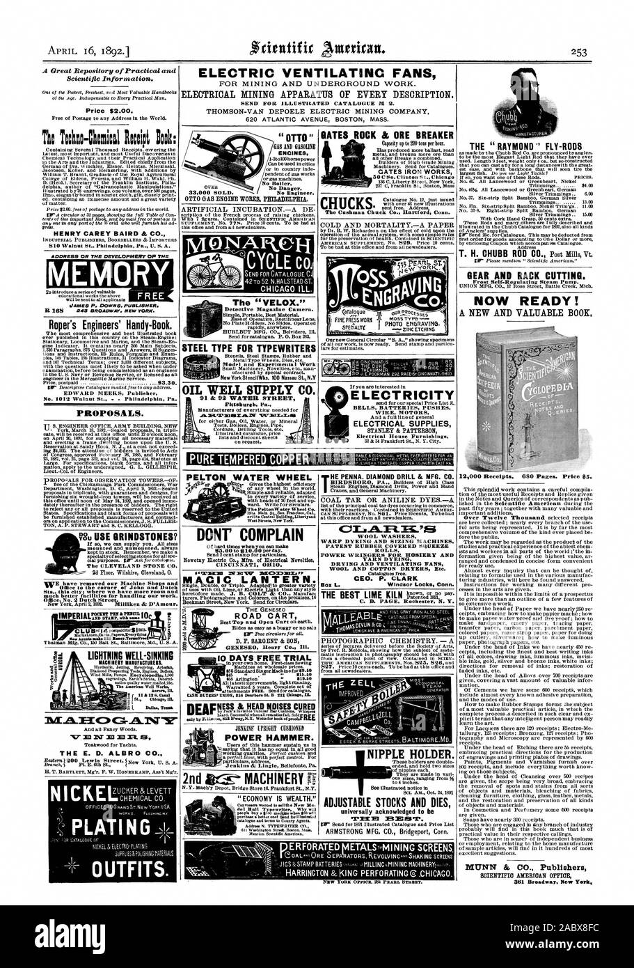 16. APRIL 1892. e0 Hersteller eine große Sammlung von praktischen und wissenschaftlichen Informationen. Tho Tochno-Chomical Roolipt Buch. HENRY CAREY BAIRD & Co. INDUSTRIELLE VERLEGER BUCHHÄNDLER IMPORTEURE SPEICHER pädagogische Werke der oben gesendet wird LO alle Bewerber der Roper Ingenieure Handy-Book. EDWARD RIEEKS Verlag Vorschläge. Ich Die CLEVELAND STONE CO. Wenn wir Sie beliefern können. Alle Größen auf Lager gehalten. Erinnern Sie sich, dass wir eine montiert und unmontiert immer machen, um die Ecke von John und Holländischen Sts. dieser Stadt; wo wir haben mehr Platz und bessere Einrichtungen für unsere Arbeit. Büro Nr. 2 Niederländisch Stockfoto