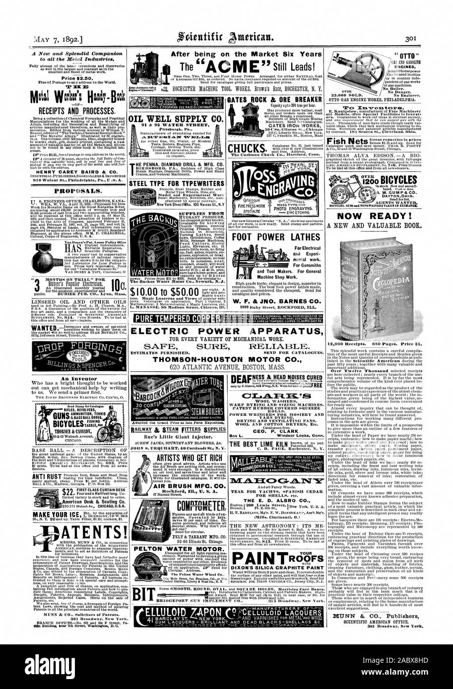Den E.D. ALBRO C SCHMERZEN TRO: FS DIXON VON SILICA GRAPHIT FARBE MACHEN SIE IHR EIS Et: eBEty. ithlTilreg 241 FIRST CLASS VORHANG SCHREIBTISCH amerikanischen Schreibtisch Sitzecke & Co. $ 22 Tc: s t Autos. Keine Gefahr. 33000 Verkauft. Kein Techniker. Motoren und Erfah W. F. & JNO. BARNES CO. Reine GEHÄRTETES KUPFER ELEKTRISCHE APPARATE FÜR JEDE VIELZAHL VON MECHANISCHEN ARBEITEN. Sicher sicher, zuverlässig. Schätzungen eingerichtet. Für Kataloge senden. THOMSON - HOUSTON MOTOR CO., L. WIG-o FAHRRÄDER A.-W. GUMMI P CO. Jetzt bereit! Eine NEUE UND WERTVOLLE BOOR. 12000 Einnahmen 680 Seiten. Preis 5 $. MUNN & Co Verlag, Scientific American, 1892-05-07 Stockfoto