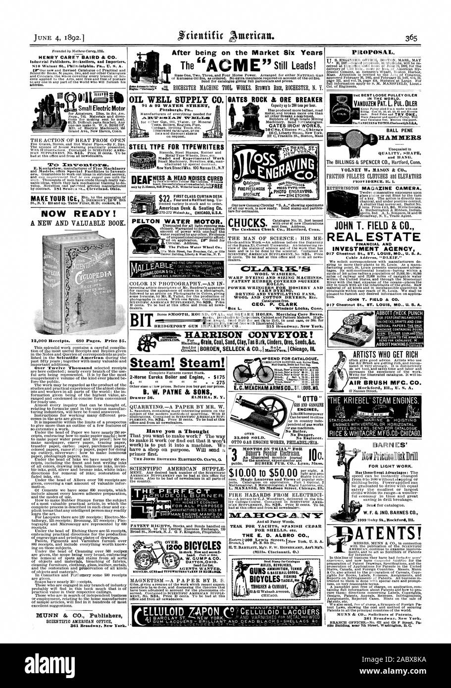 Form und Qualität hängen. Die BILLINGS&SPENCER CO Hartford, Conn John T. FELD & CO REAL ESTATE INVESTMENT ACENCY 917 Chestnut St. ST. LOUIS MO. Us A. Kabel Adresse "LEIF". ABBOTT (HECK PUNCH IN ERGÄNZUNG ZU DEN ZIFFERN ABBOTT MACHINECS = bin Künstler, erhalten reiche AIR BRUSH MFC. Co.Rockford Illinois 15. S. A., Pittsburgh PA. Amerikanische Sitzecke Schreibtisch & Co. HARRISON BAND! DilING & BASEBALL WAREN. THORSEN & CASSAD 1 Chicago. 1892 Scientific American Inc., 1892-06-04 Stockfoto