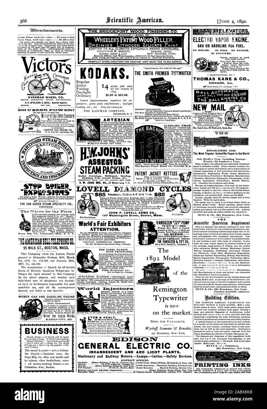 THOMAS KANE & Co. CHICAG KRANK. BALL automatische EyEt A L L. NEUE MAIL DIE BRIDGEPORT HOLZ FINISHINC C WHEELER'S VATENTWOODTILLER $ 6.00 bis $ 65.00. Die GIBBS PATENT DiusT PROTECTOR. Gibbs Atemschutzmaske Co.LYON & HEALY WASSER MOTOR LOVELL DIAMOND ZYKLEN JOHN S. LOVELL ARMS CO. Für Herren. Der 1892 Modell der Remington Schreibmaschine ist jetzt auf dem Markt. 3 EDIIIEION GENERAL ELECTRIC CO. GLÜHLAMPEN UND ARC LICHT PFLANZEN. Stationäre und Bahn MotorsLampsCablesSafety Geräte. Bezirksämter., Scientific American, 1892-06-04 Stockfoto