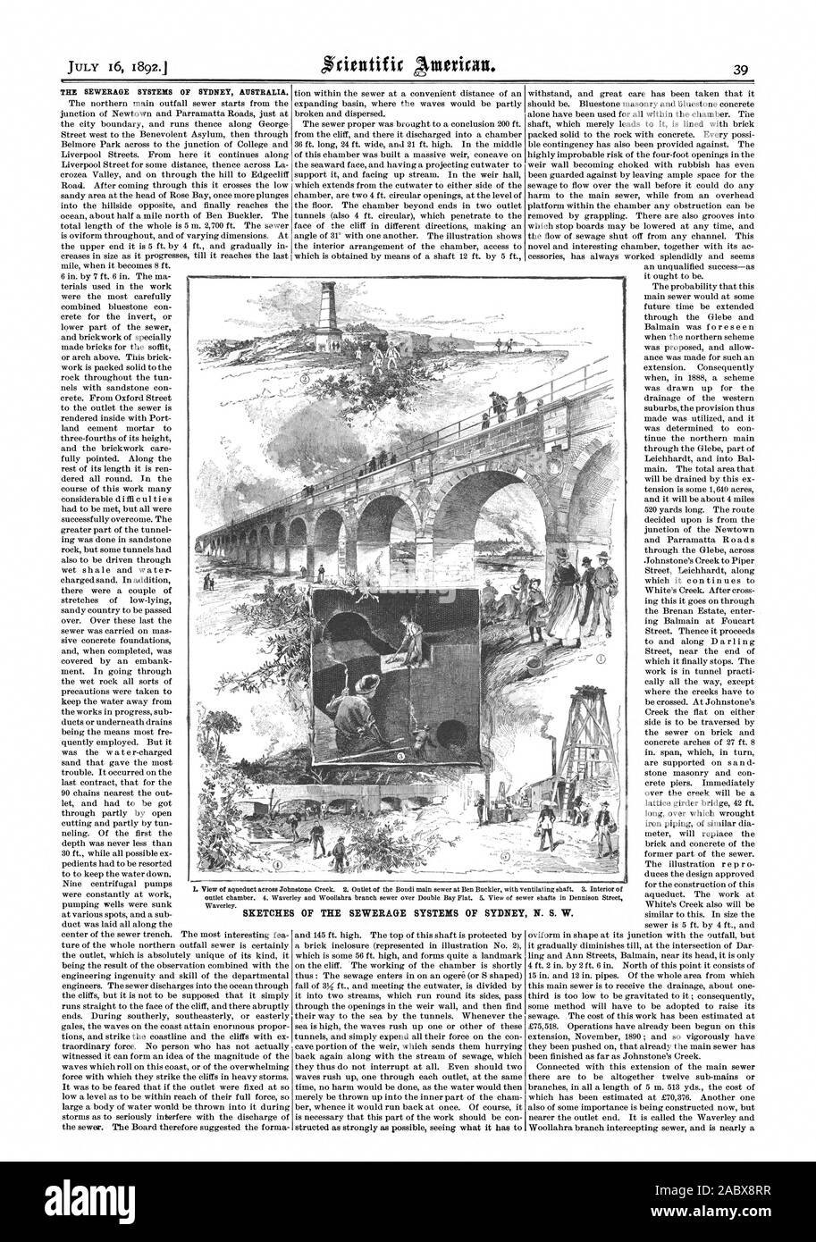 Die Kanalisation von Sydney, Australien. Ad SKIZZEN DER KANALISATION von Sydney, N.S.W., Scientific American, 1892-07-16 Stockfoto