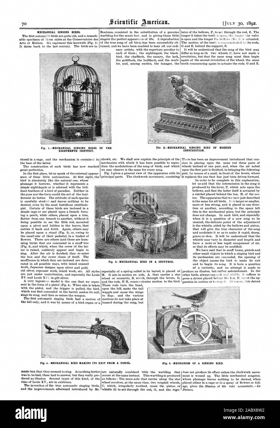 Mechanische singen die Vögel. Abb. Imechanische singen die Vögel DES ACHTZEHNTEN JAHRHUNDERTS. Konstruktion., Scientific American, 1892-07-30 Stockfoto