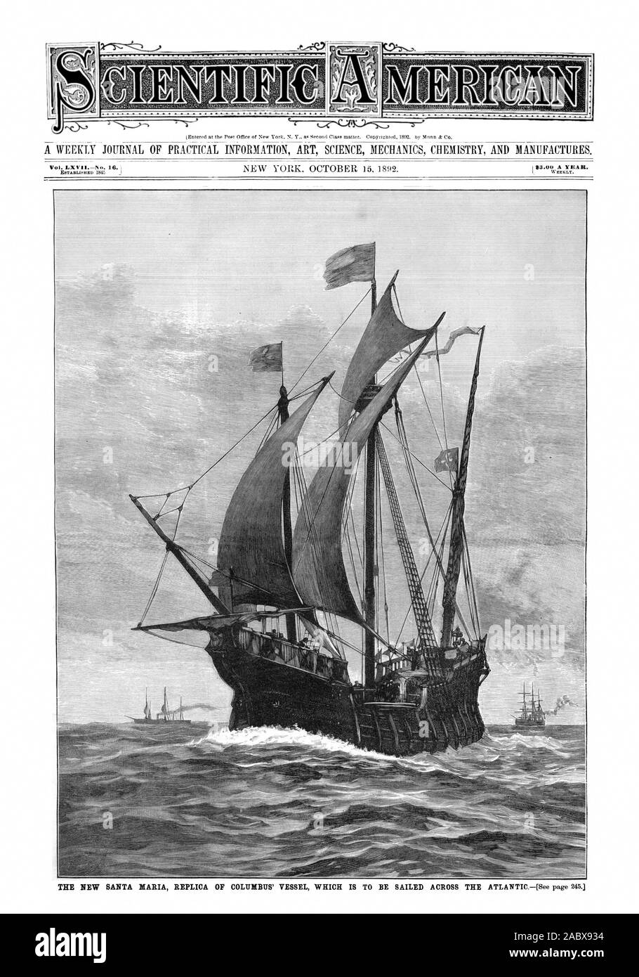 Scientific American, 1892-10-15, das neue Santa Maria, Replik von Kolumbus' Schiff, das über den Atlantik gesegelt werden Stockfoto
