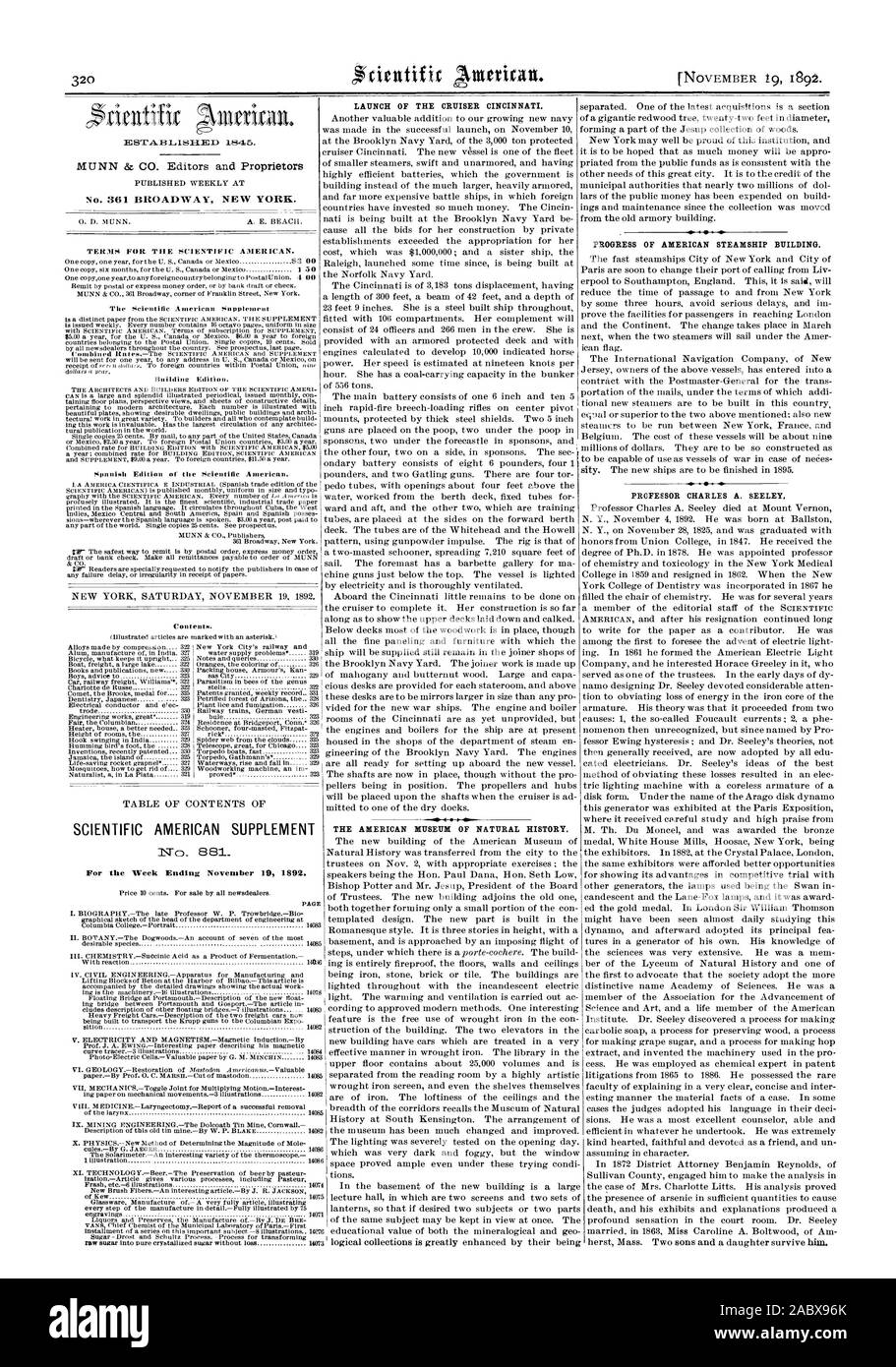 Start DER CRUISER CINCINNATI. Das amerikanische Museum der Naturgeschichte. Für die Woche endet am 19. November 1892. Fortschritte der amerikanischen Dampfer Gebäude. PROFESSOR CHARLES A. SEELEY., Scientific American, 1892-11-19 Stockfoto
