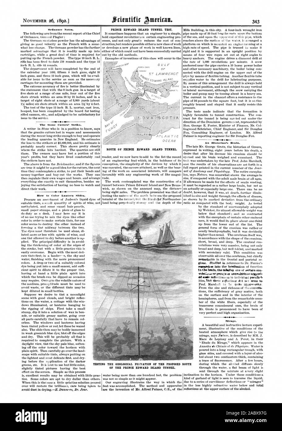 Ordnance Notizen. 'Me Stone Cutter' Strike. Wie Sie Farbe Laterne Slider. PRINCE EDWARD ISLAND TUNNEL TESTEN. ROUTE VON PRINCE EDWARD ISLAND TUNNEL. V 404-47 lonvoIStiou agerflrgroliPS (71% imwest Mirage. Prüfung der geologischen Formation DER VORGESCHLAGENEN ROUTE DER PRINCE EDWARD ISLAND TUNNEL., Scientific American, 1892-11-26 Stockfoto
