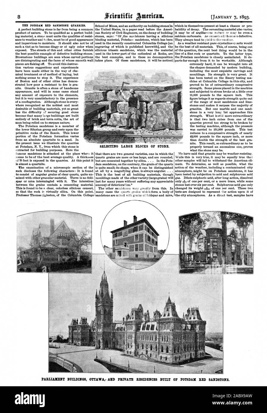 Die Potsdamer aus rotem Sandstein Steinbrüche. Auswählen von grossen Steinblöcken. Gebäude des Parlaments in Ottawa. Und PRIVATWOHNUNGEN GEBAUT VON POTSDAM aus rotem Sandstein., Scientific American, 1893-01-07 Stockfoto