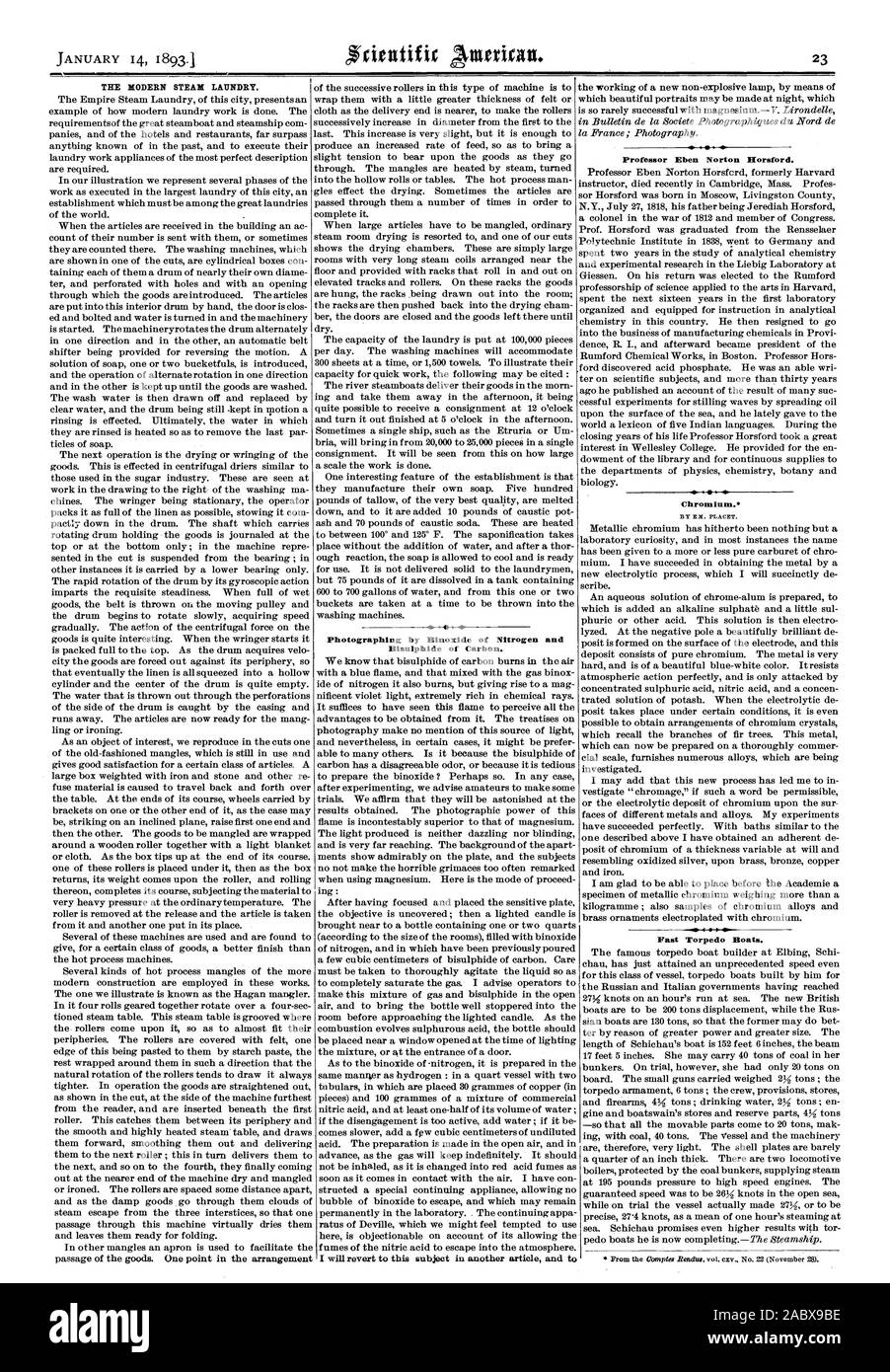 Die moderne Dampf Wäscheservice. Das Fotografieren von Bisuiphide Binoxide von Stickstoff und Kohlenstoff. Professor Eben Norton Horsford. Chrom. Schnelle Torpedoboote., Scientific American, 1893-01-14 Stockfoto