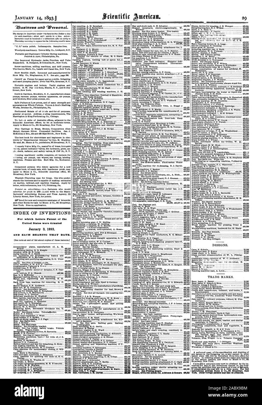 INDEX DER ERFINDUNGEN, für die Buchstaben Patent in den Vereinigten Staaten gewährt wurden und jeder hörte, dass Datum. Scheren Antriebsstange Kupplung für Atkinson ts Somers. 490310 York. Andere ausländische Patente kann auch bezogen werden. 489195 Hasp Beute. C. V. Pugh 489825, Scientific American, 1893-01-14 Stockfoto