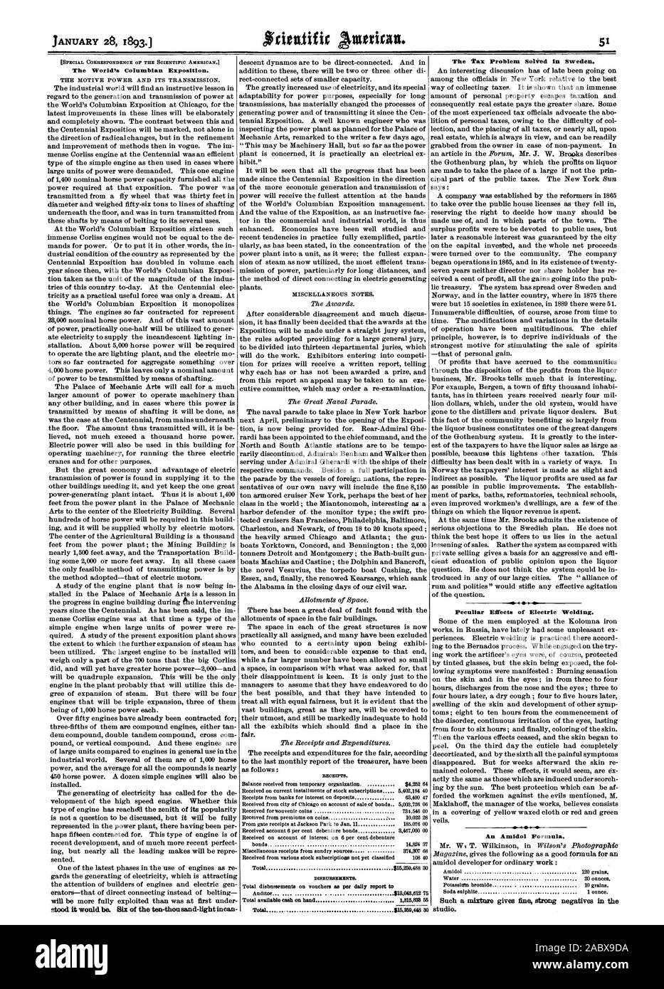 Der World Columbian Exposition. Quittungen. Die Auszahlungen. Besondere Auswirkungen von elektrischem Schweißen. Eine Amidol Formel. Eine solche Mischung verleiht feinem starke negative im Studio., Scientific American, 1893-01-28 Stockfoto