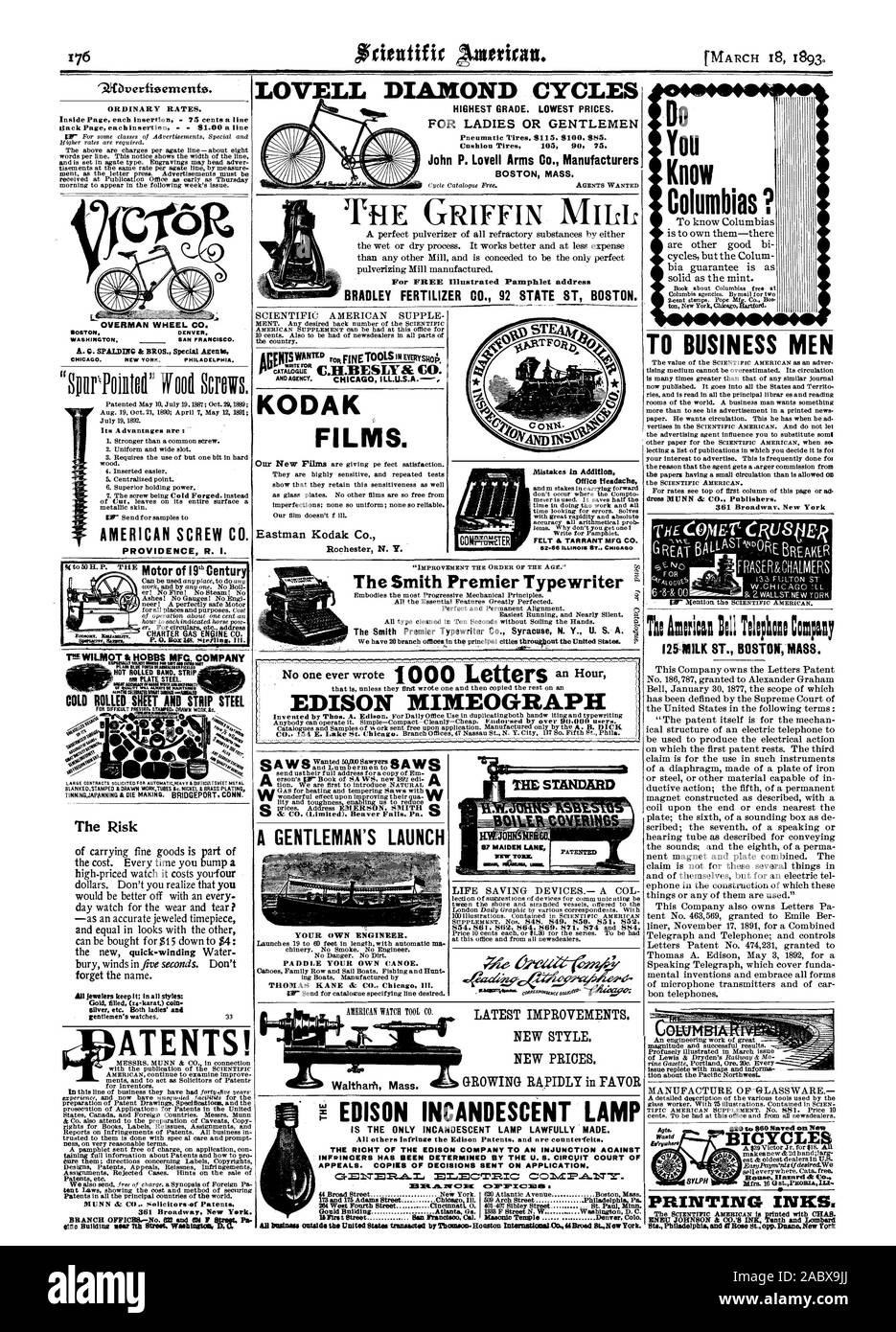 EDISON MIMEOGRAPH ORDENTLICHE PREISE. Inside Seite jedem Einfügen - 75 Cent pro Zeile zurück Seite Einfügungen 81.00 eine Linie OVERMAN WHEEL CO. in Chicago. NEW YORK. PHILADELPHIA. Amerikanische SCHRAUBE CO ATENTS! Die Herren. MUNN&CO in Verbindung und als Anwälte von Patenten Verfolgung von Patentanmeldungen in den Vereinigten Staaten Kanada zu handeln. und anderen Ländern. Herren Munn & Co. auch an der Vorbereitung der Vorbehalte Berichte kopieren auf Verletzung von Patenten. Alle Unternehmen Vertrauen zu Ihnen ist mit spec al Pflege und prompt Ness auf sehr angemessenen Bedingungen erfolgt. Designs Patente Einsprüche Neuausstellungen Stockfoto