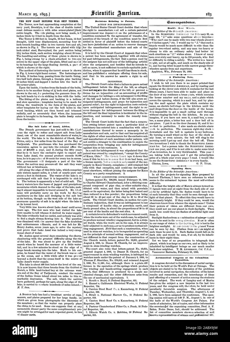 Die neuen KÜSTE VERTEIDIGUNG KRIEGSSCHIFF TERROR. Der Salzsee von assal Afrika. Entscheidungen in Bezug auf die Patente. "GorresponDence. Doppel Hinterräder. Eine feminine Note. Signalisierung Mars. Aeronautischen Kongress an der Columbian Exposition., Scientific American, 1893-03-25 Stockfoto