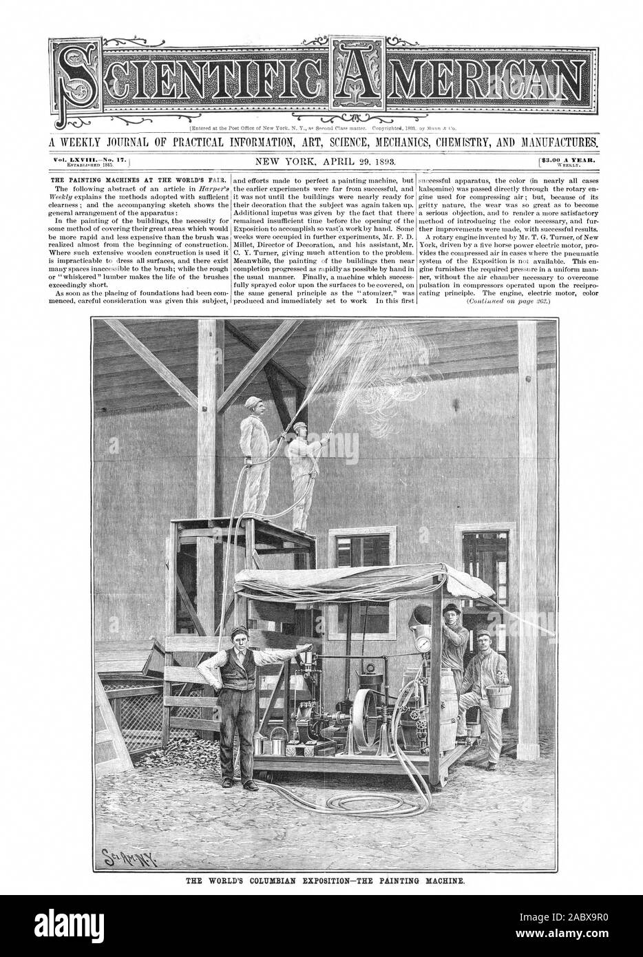 Eine wöchentliche Zeitschrift für PRAKTISCHE INFORMATIONEN KUNST WISSENSCHAFT MECHANIK CHEMIE UND PRODUZIERT. [83.00 EIN JAHR. Die Malerei MASCHINEN AUF DER MESSE. Der WORLD COLUMBIAN EXPOSITION - der LACKIERMASCHINE., Scientific American, 1893-04-29 Stockfoto