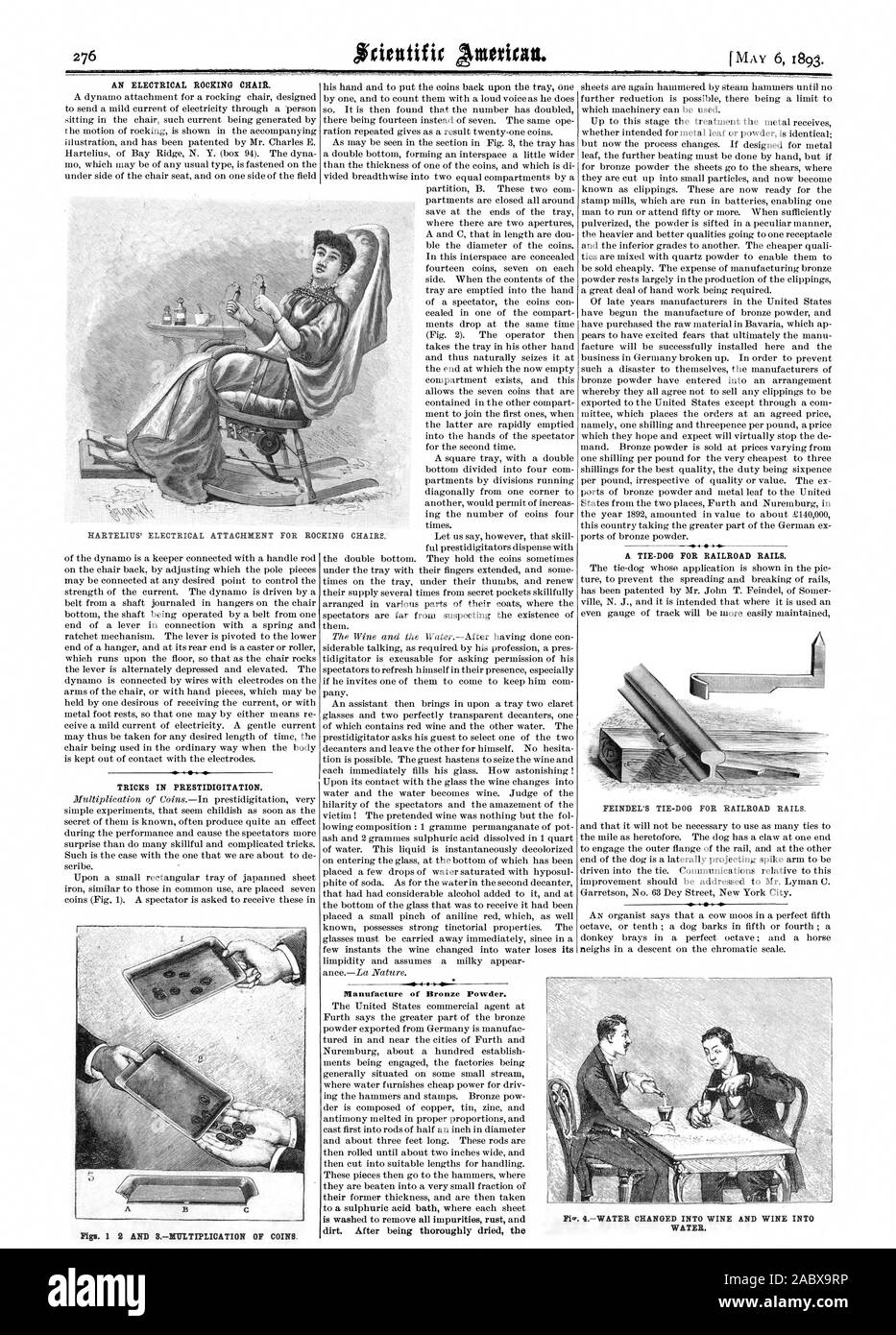 Eine elektrische ROCKIGEN CRAM. TRICKS IN FINGERFERTIGKEIT. Abbn. 1 2 und SMULTIPLICATION der Münzen. Herstellung von Bronze Pulver. gewaschen alle Unreinheiten Rost und einen Riegel - Hund für EISENBAHNSCHIENEN zu entfernen. FEINDEL'S TIE-DOG für EISENBAHNSCHIENEN. 4 WASSER IN WEIN UND WEIN INT., Scientific American, 1893-05-06 Stockfoto